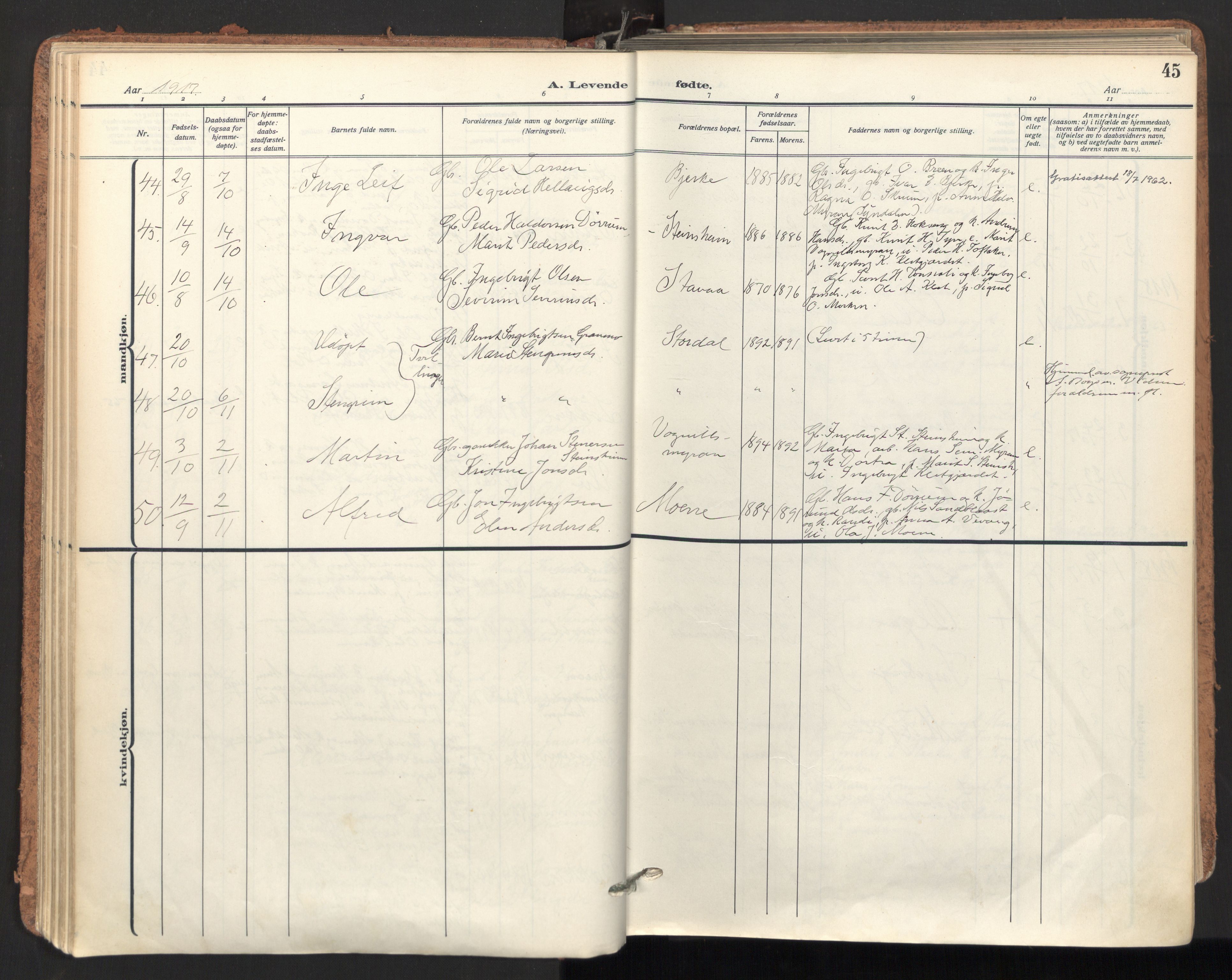 Ministerialprotokoller, klokkerbøker og fødselsregistre - Sør-Trøndelag, AV/SAT-A-1456/678/L0909: Parish register (official) no. 678A17, 1912-1930, p. 45