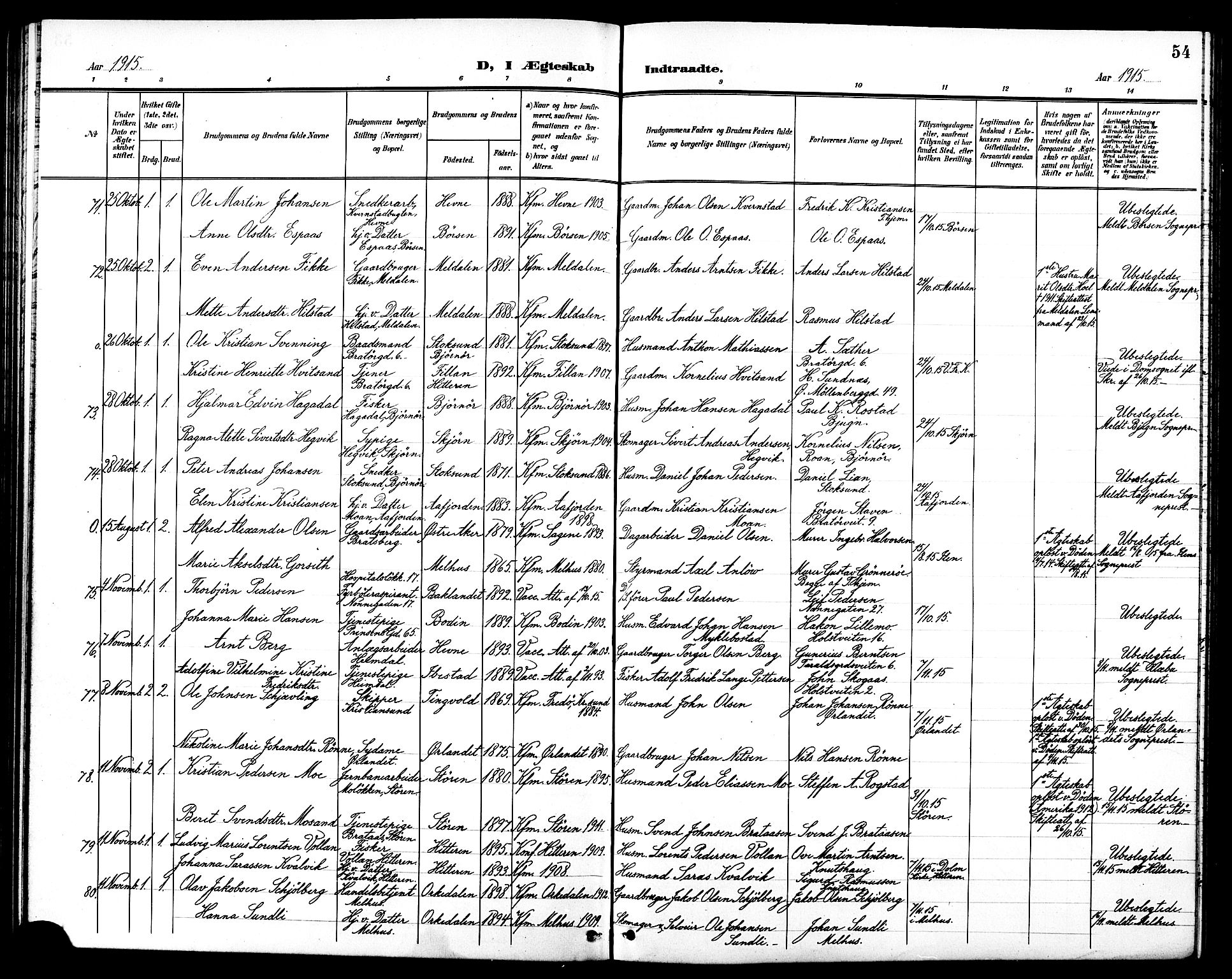 Ministerialprotokoller, klokkerbøker og fødselsregistre - Sør-Trøndelag, AV/SAT-A-1456/602/L0145: Parish register (copy) no. 602C13, 1902-1919, p. 54