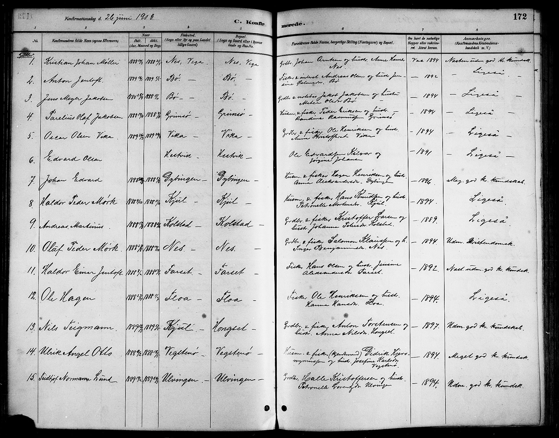 Ministerialprotokoller, klokkerbøker og fødselsregistre - Nordland, AV/SAT-A-1459/816/L0253: Parish register (copy) no. 816C03, 1886-1905, p. 172