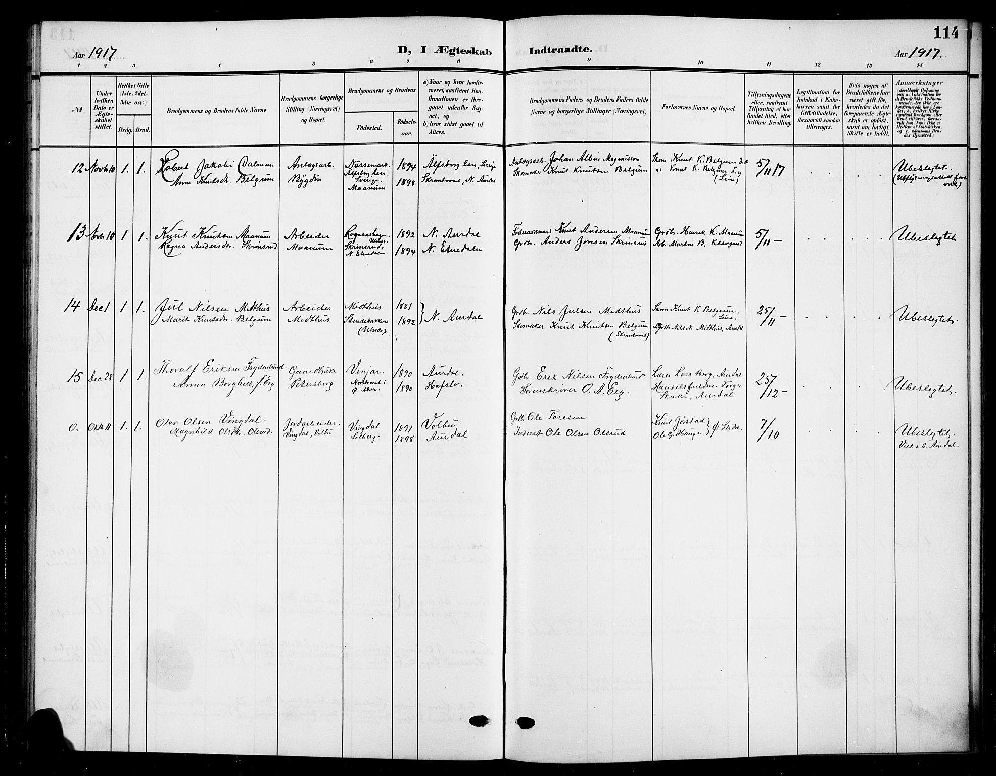 Nord-Aurdal prestekontor, SAH/PREST-132/H/Ha/Hab/L0012: Parish register (copy) no. 12, 1907-1920, p. 114