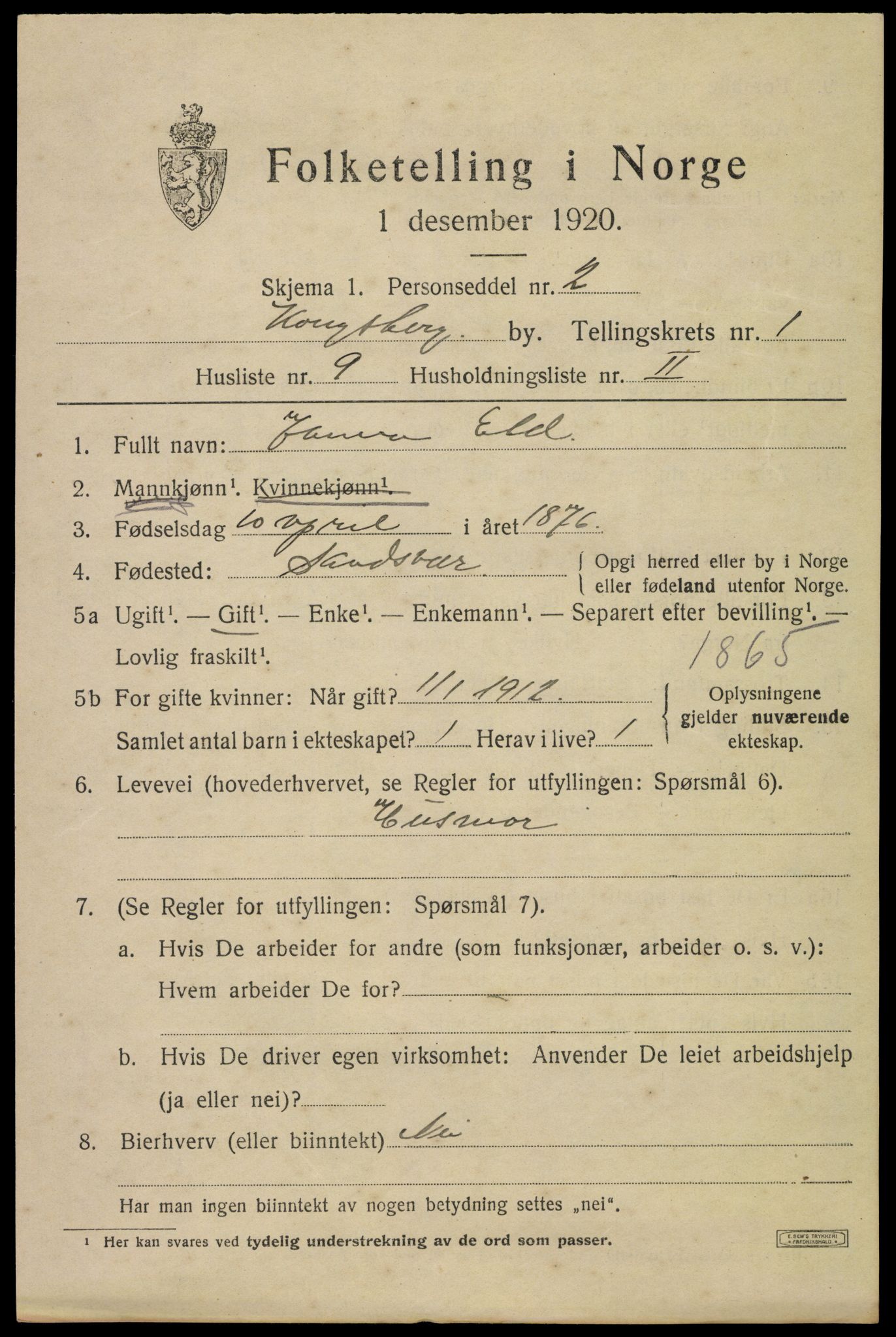 SAKO, 1920 census for Kongsberg, 1920, p. 5816