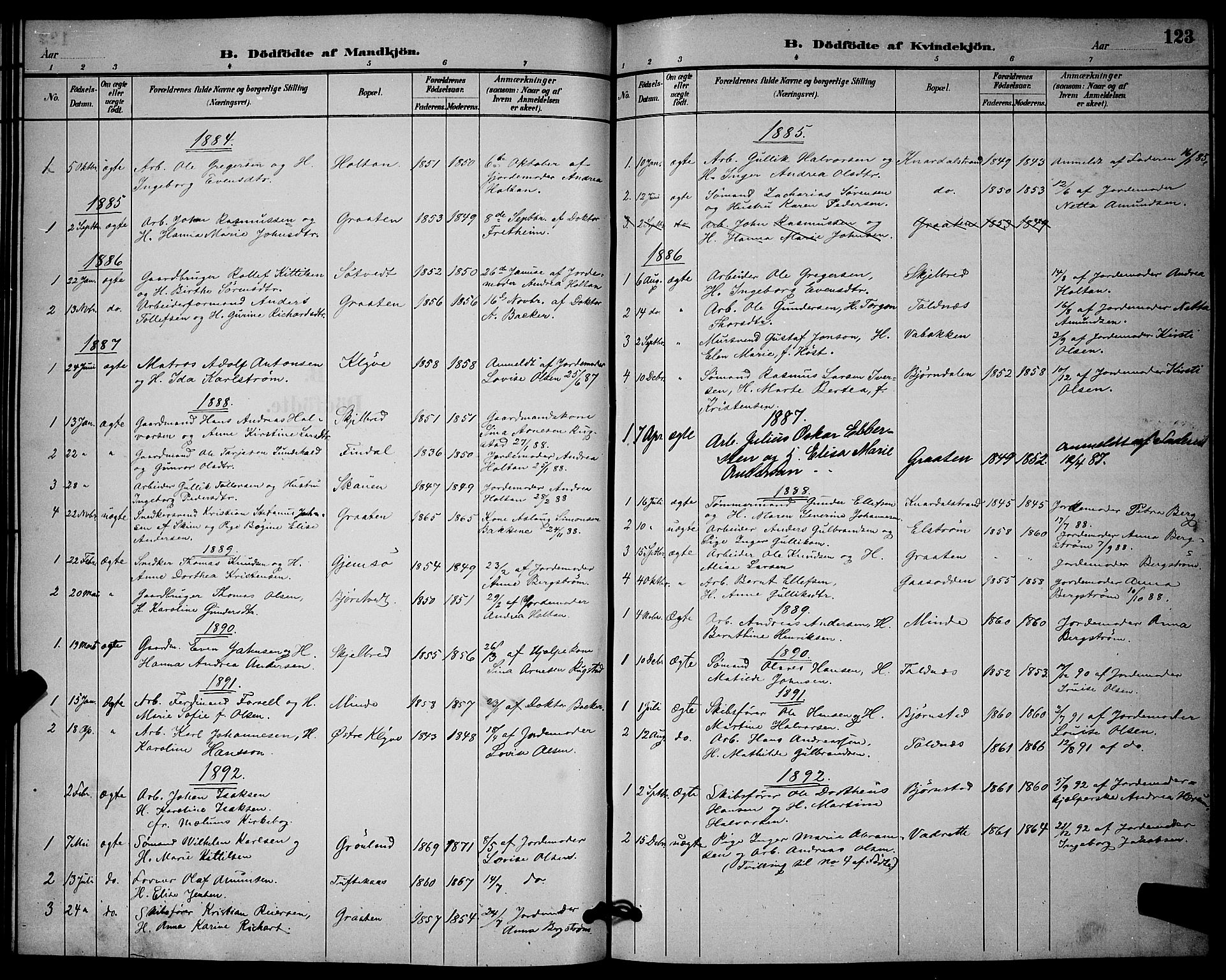 Solum kirkebøker, SAKO/A-306/G/Ga/L0007: Parish register (copy) no. I 7, 1884-1898, p. 123