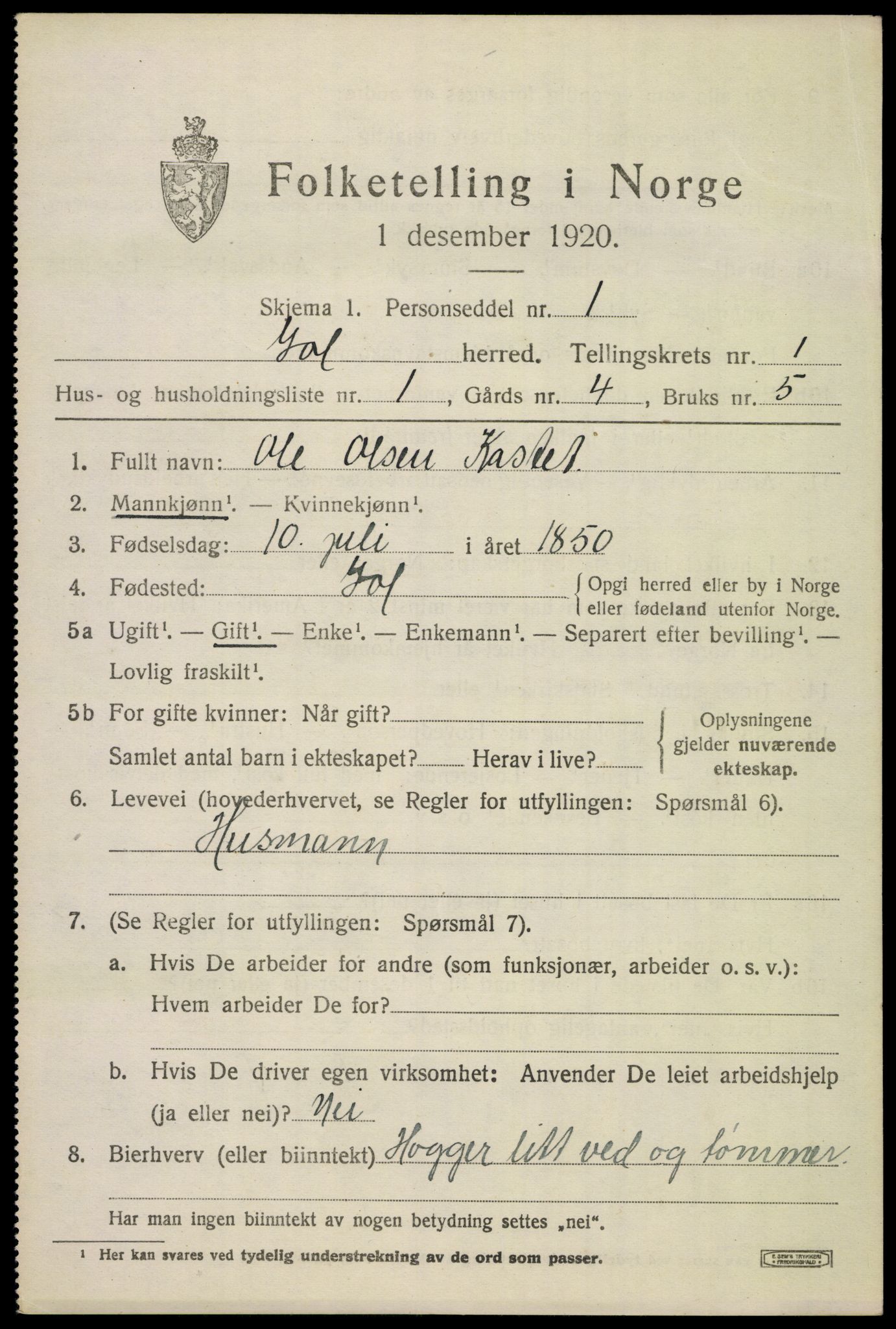 SAKO, 1920 census for Gol, 1920, p. 928