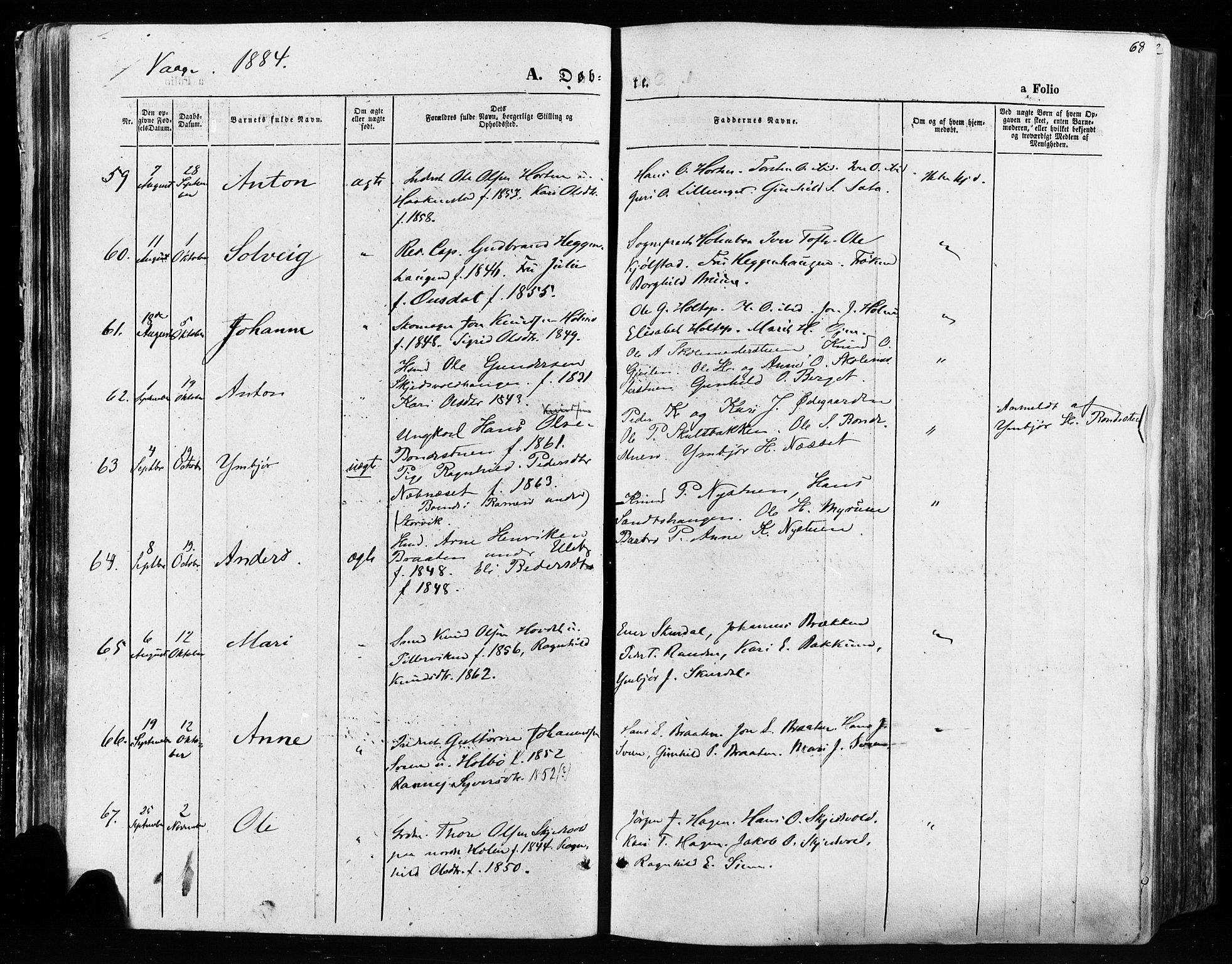 Vågå prestekontor, AV/SAH-PREST-076/H/Ha/Haa/L0007: Parish register (official) no. 7 /1, 1872-1886, p. 68