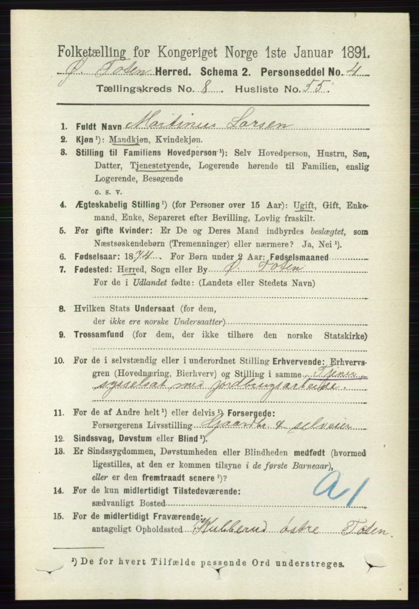 RA, 1891 census for 0528 Østre Toten, 1891, p. 5354