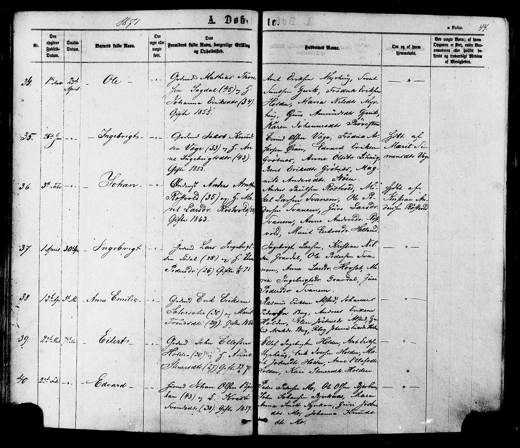 Ministerialprotokoller, klokkerbøker og fødselsregistre - Sør-Trøndelag, AV/SAT-A-1456/630/L0495: Parish register (official) no. 630A08, 1868-1878, p. 44