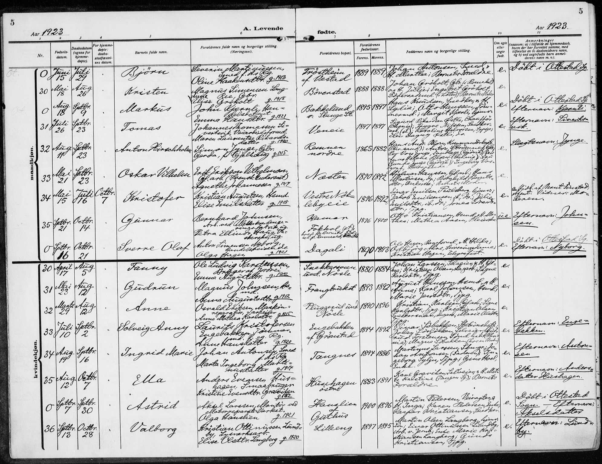 Stange prestekontor, AV/SAH-PREST-002/K/L0026: Parish register (official) no. 26, 1923-1937, p. 5