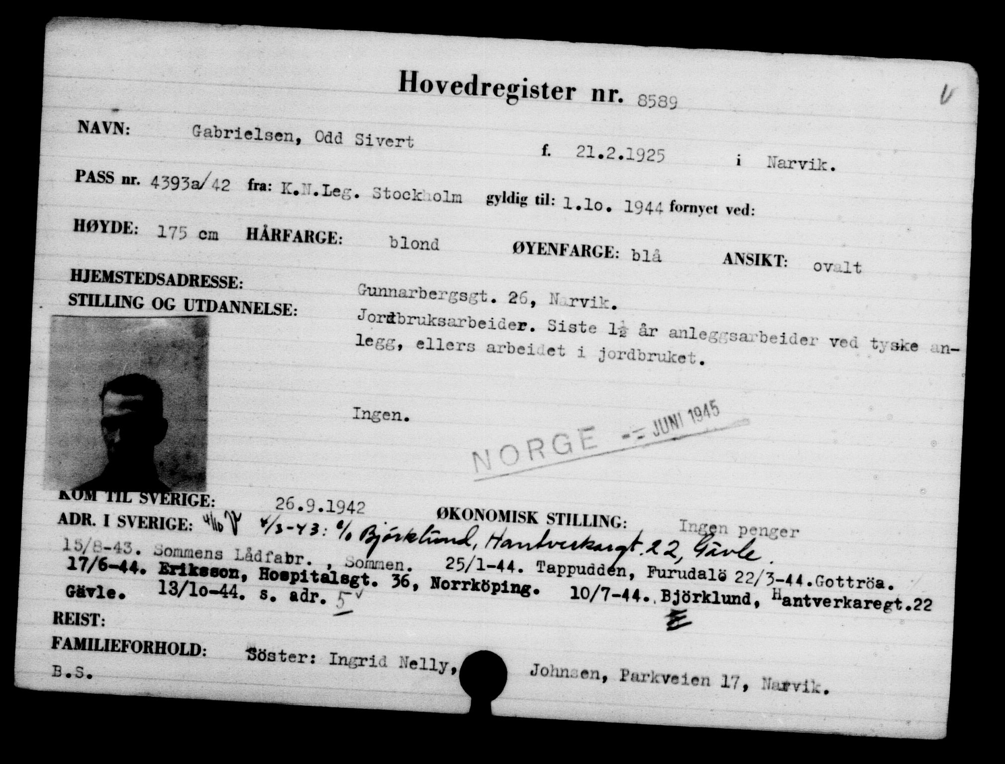 Utenriksstasjonene, Legasjonen i Stockholm, Flyktningkontoret, AV/RA-S-6753/V/Va/L0005: Kjesäterkartoteket, flyktninger med registreringsnr. 6600-9417, 1940-1945, p. 2322