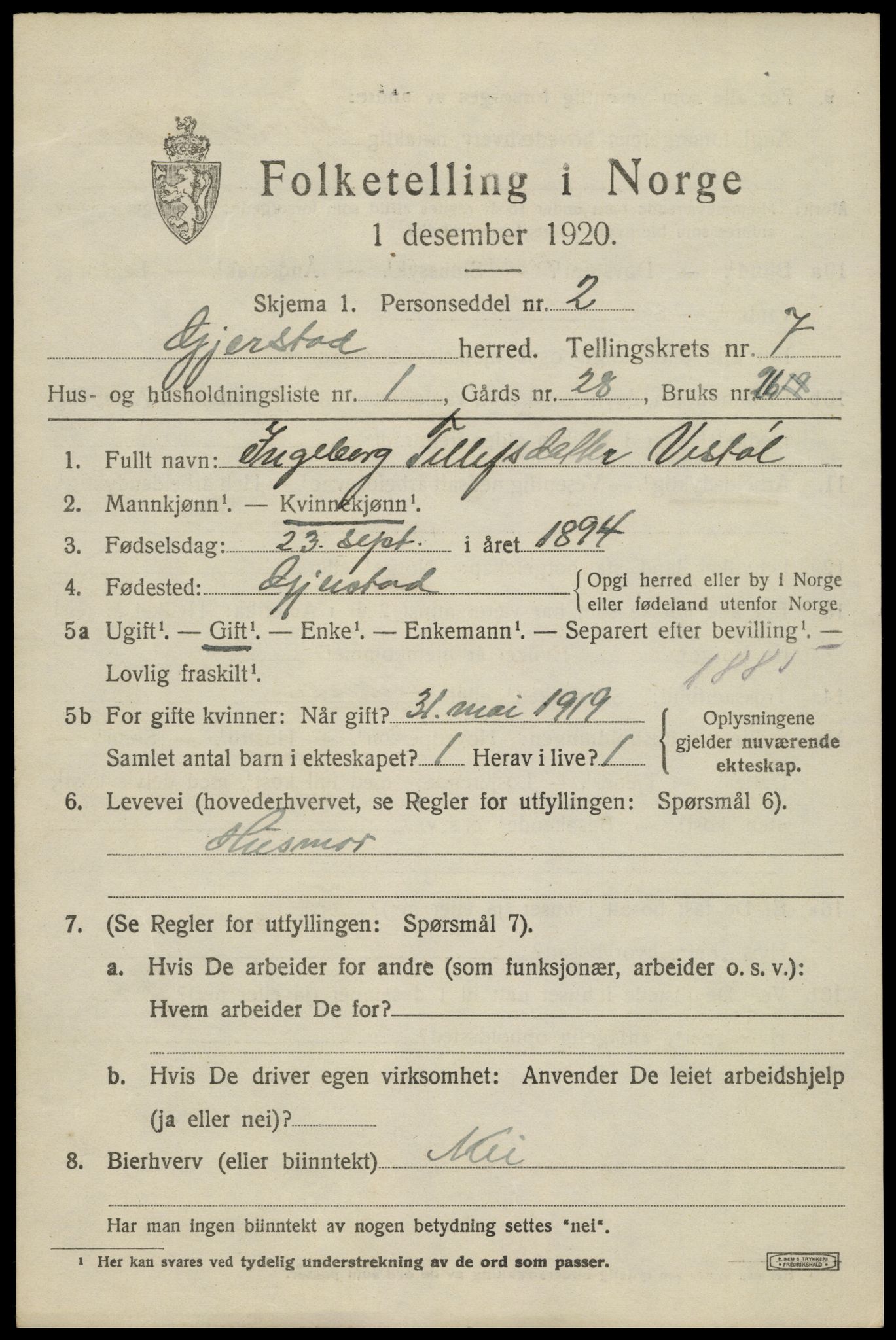 SAK, 1920 census for Gjerstad, 1920, p. 4629