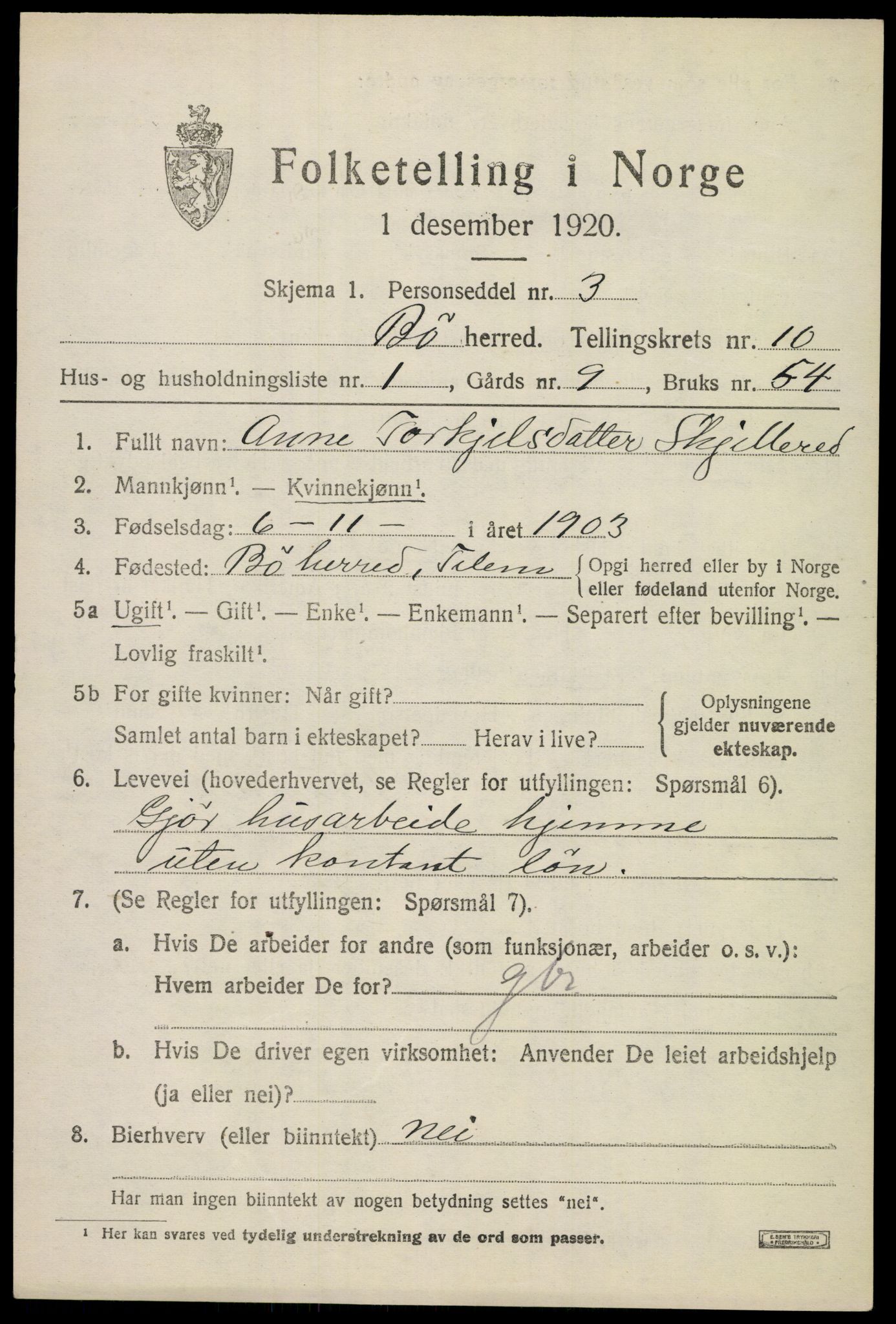 SAKO, 1920 census for Bø (Telemark), 1920, p. 6568