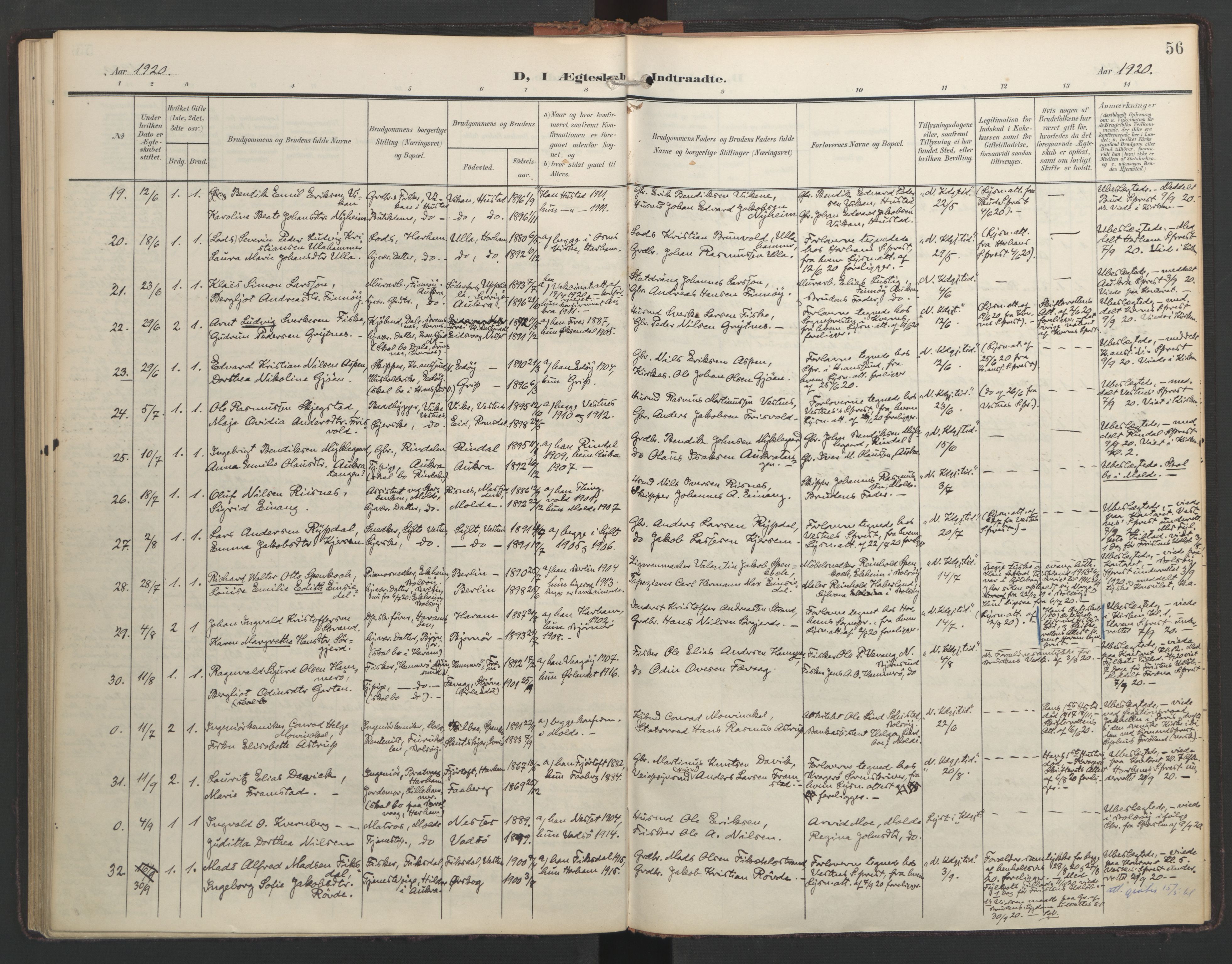 Ministerialprotokoller, klokkerbøker og fødselsregistre - Møre og Romsdal, AV/SAT-A-1454/558/L0694: Parish register (official) no. 558A08, 1907-1922, p. 56