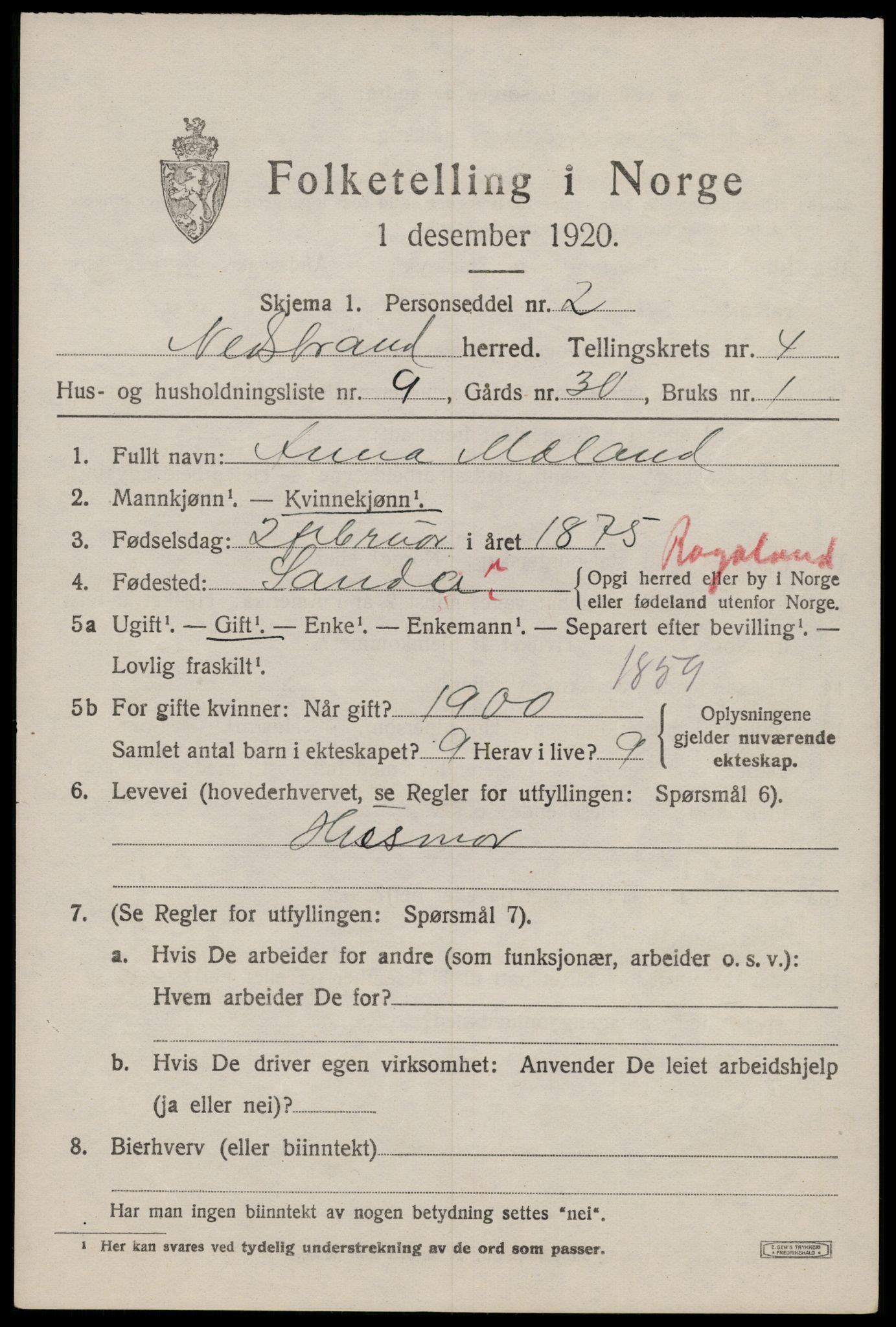SAST, 1920 census for Nedstrand, 1920, p. 2019