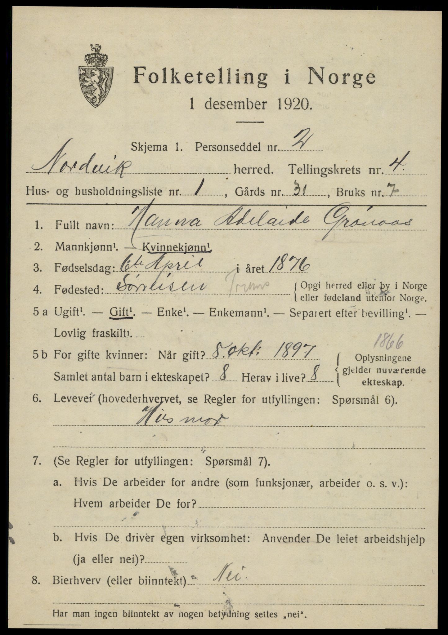 SAT, 1920 census for Nordvik, 1920, p. 1454