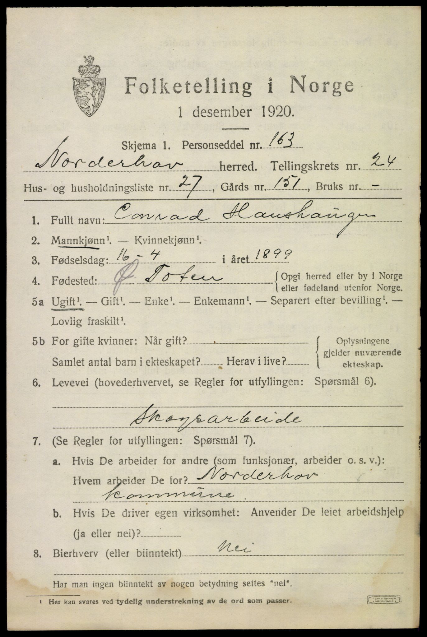 SAKO, 1920 census for Norderhov, 1920, p. 23765