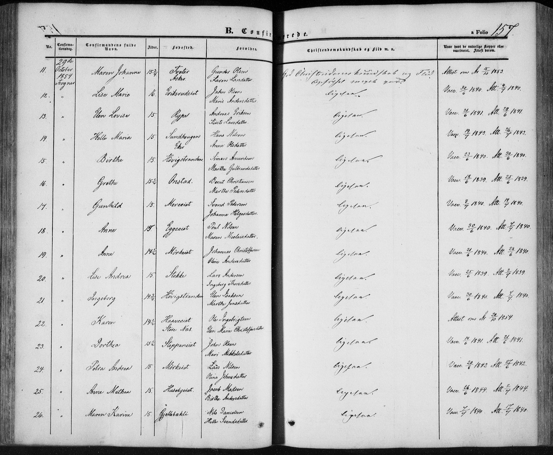Lier kirkebøker, SAKO/A-230/F/Fa/L0012: Parish register (official) no. I 12, 1854-1864, p. 157