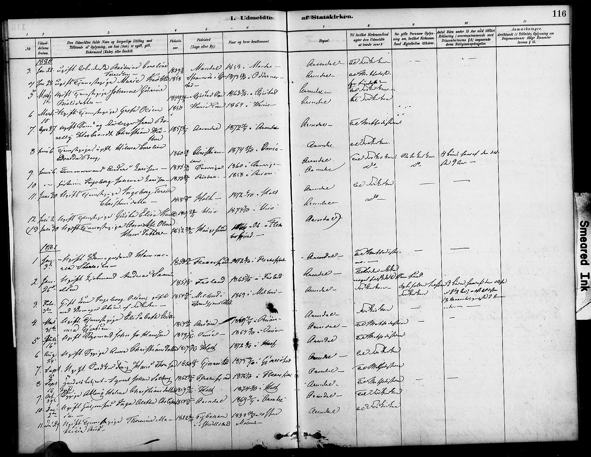 Arendal sokneprestkontor, Trefoldighet, SAK/1111-0040/F/Fa/L0009: Parish register (official) no. A 9, 1878-1919, p. 116