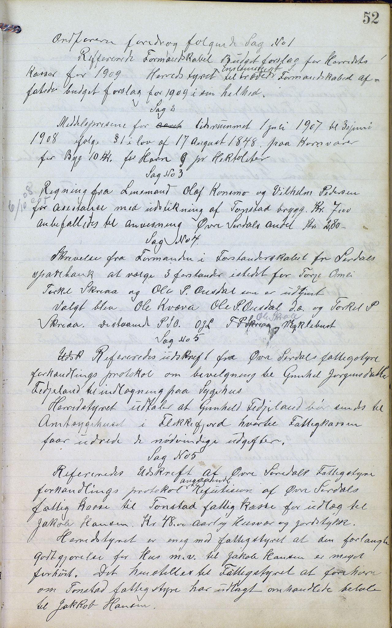 Øvre Sirdal kommune - Formannskapet/Kommunestyret, ARKSOR/1046ØS120/A/L0001: Møtebok (d), 1905-1917, p. 52