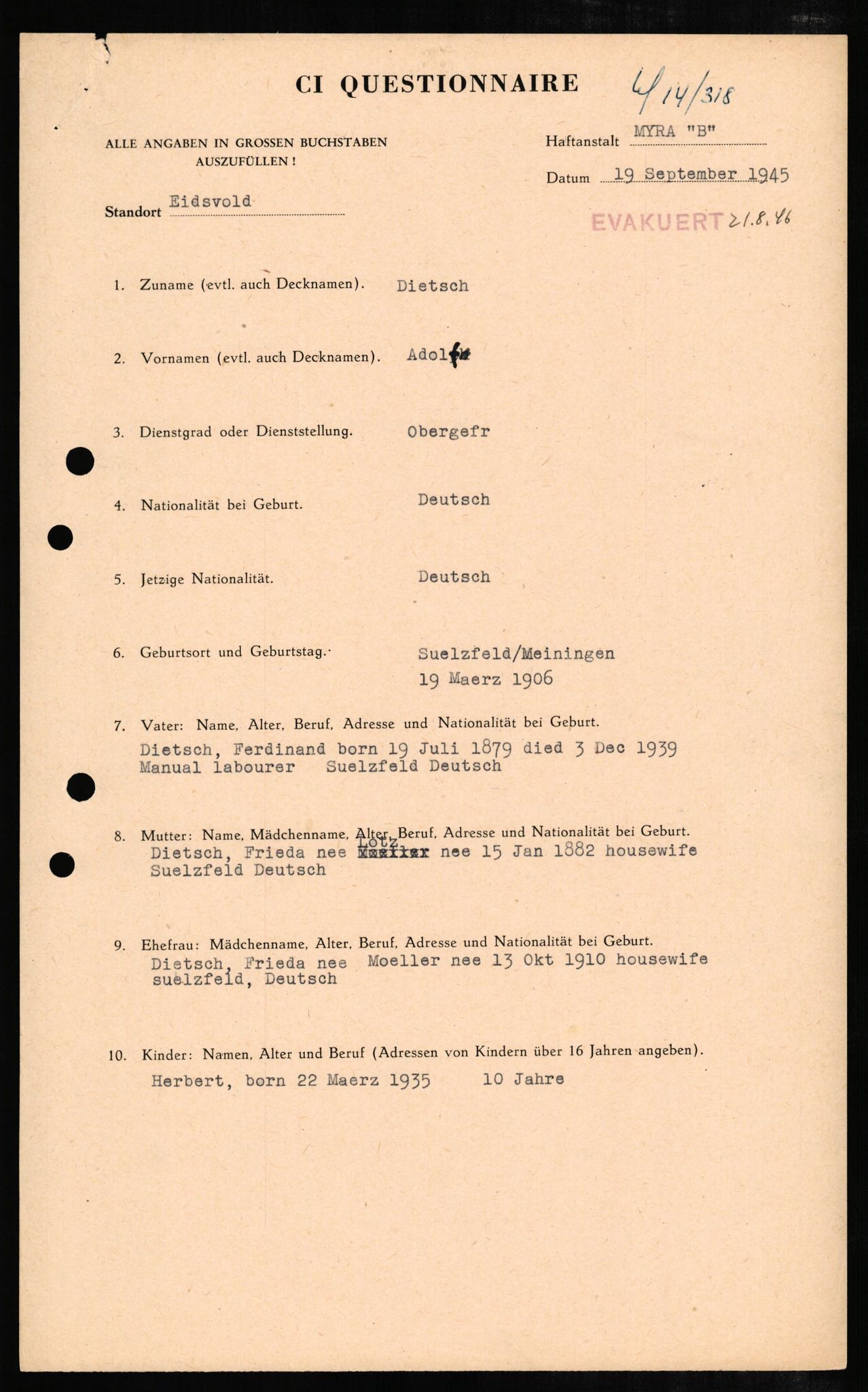 Forsvaret, Forsvarets overkommando II, AV/RA-RAFA-3915/D/Db/L0006: CI Questionaires. Tyske okkupasjonsstyrker i Norge. Tyskere., 1945-1946, p. 74