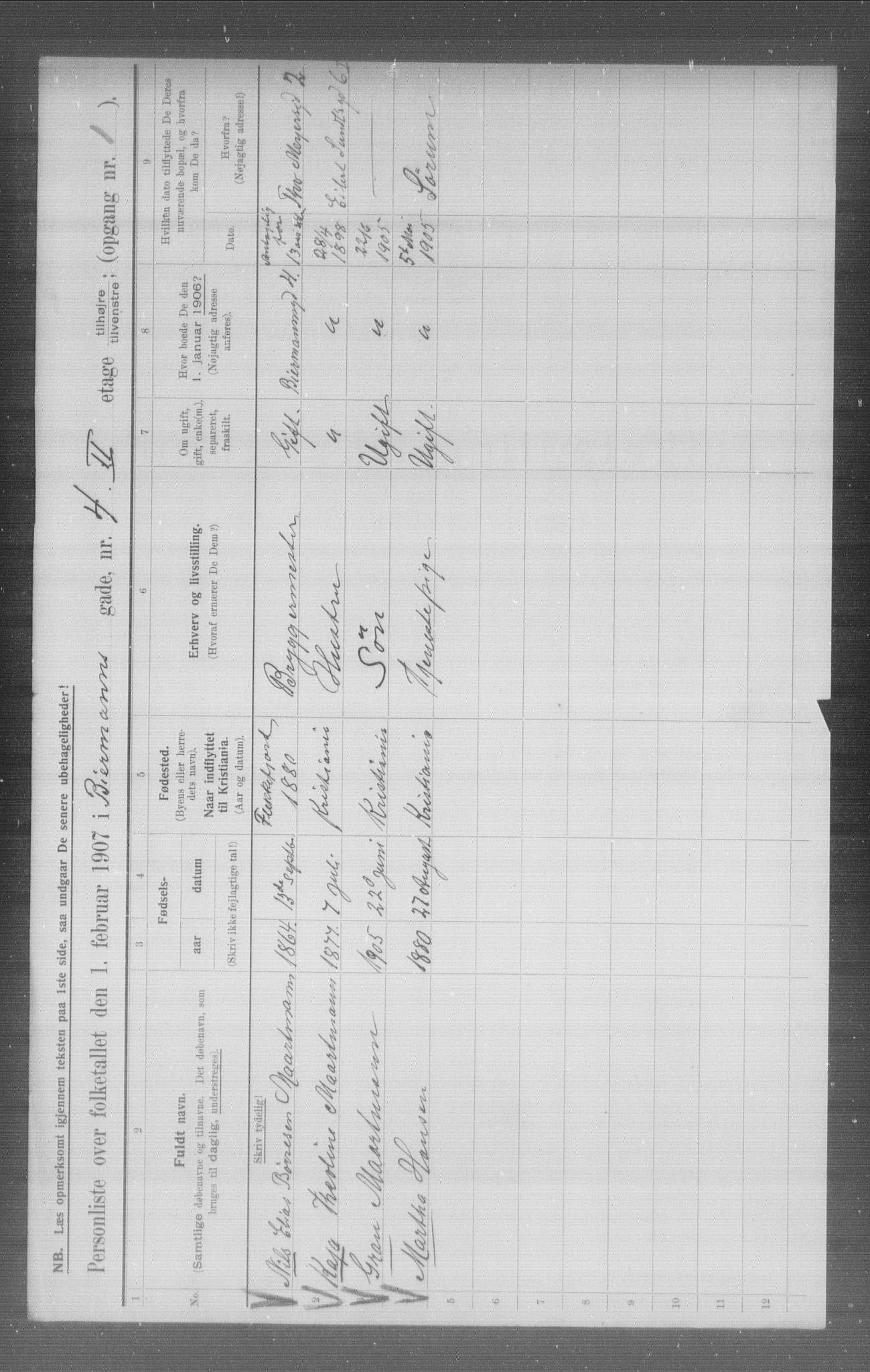 OBA, Municipal Census 1907 for Kristiania, 1907, p. 2599