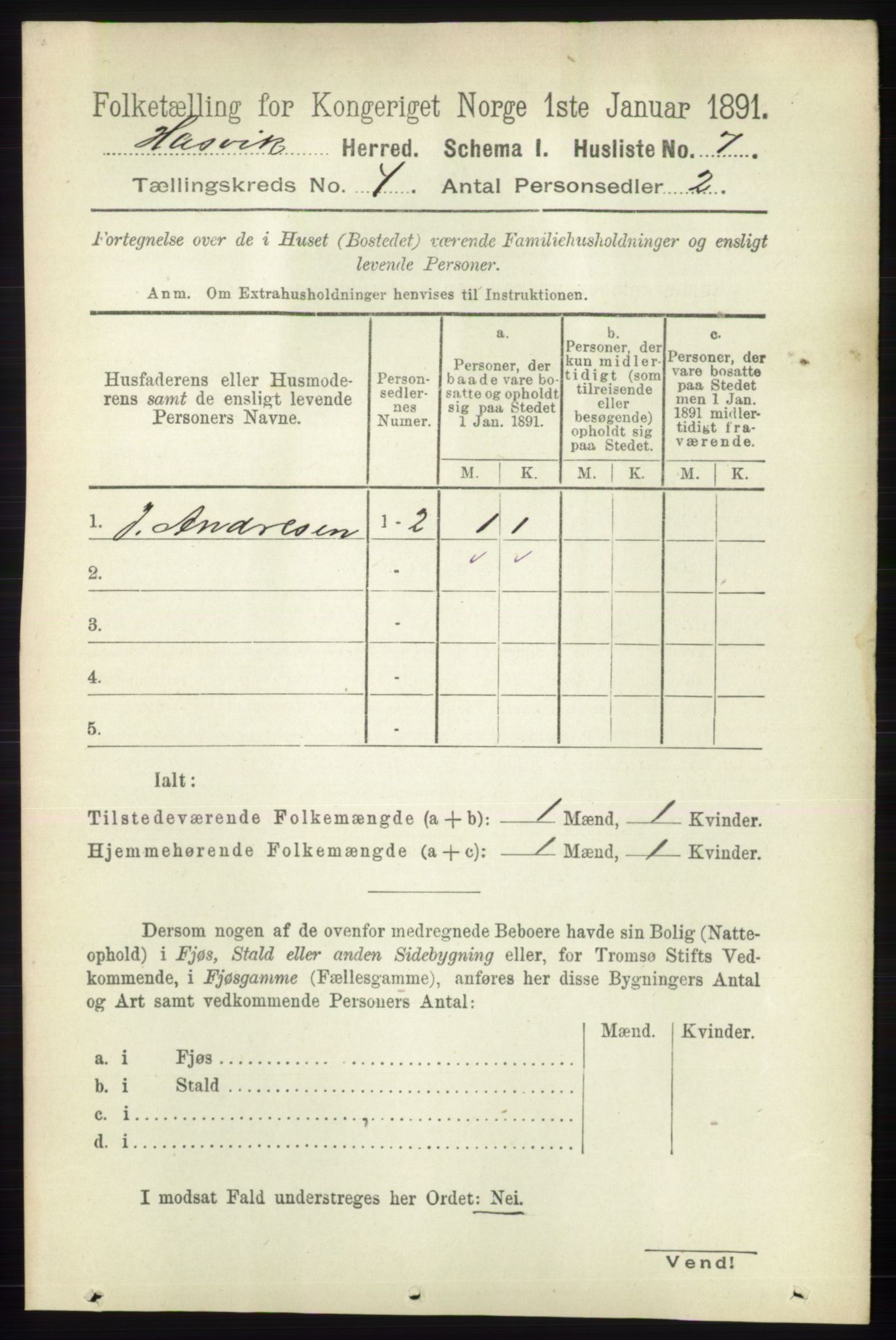 RA, 1891 census for 2015 Hasvik, 1891, p. 472