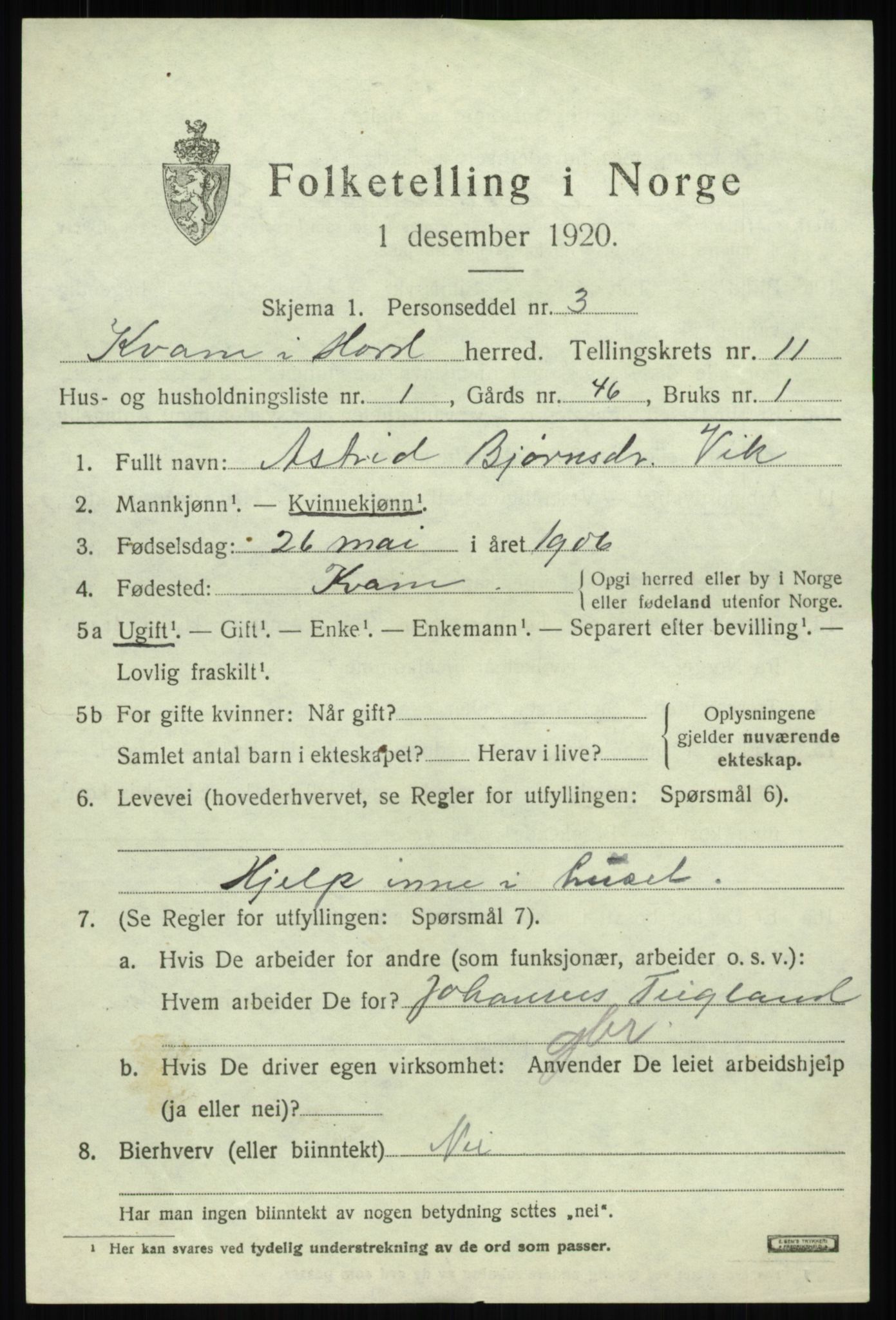 SAB, 1920 census for Kvam, 1920, p. 7029