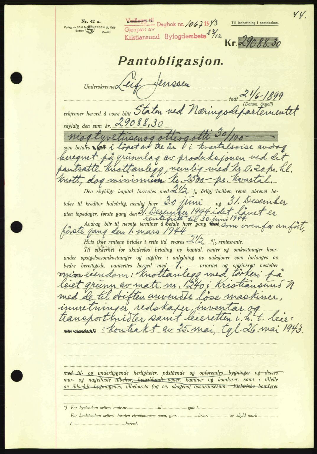 Kristiansund byfogd, AV/SAT-A-4587/A/27: Mortgage book no. 37-38, 1943-1945, Diary no: : 1067/1943