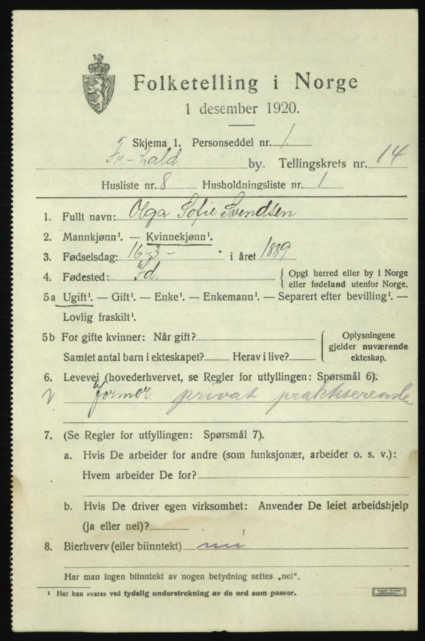 SAO, 1920 census for Fredrikshald, 1920, p. 22403