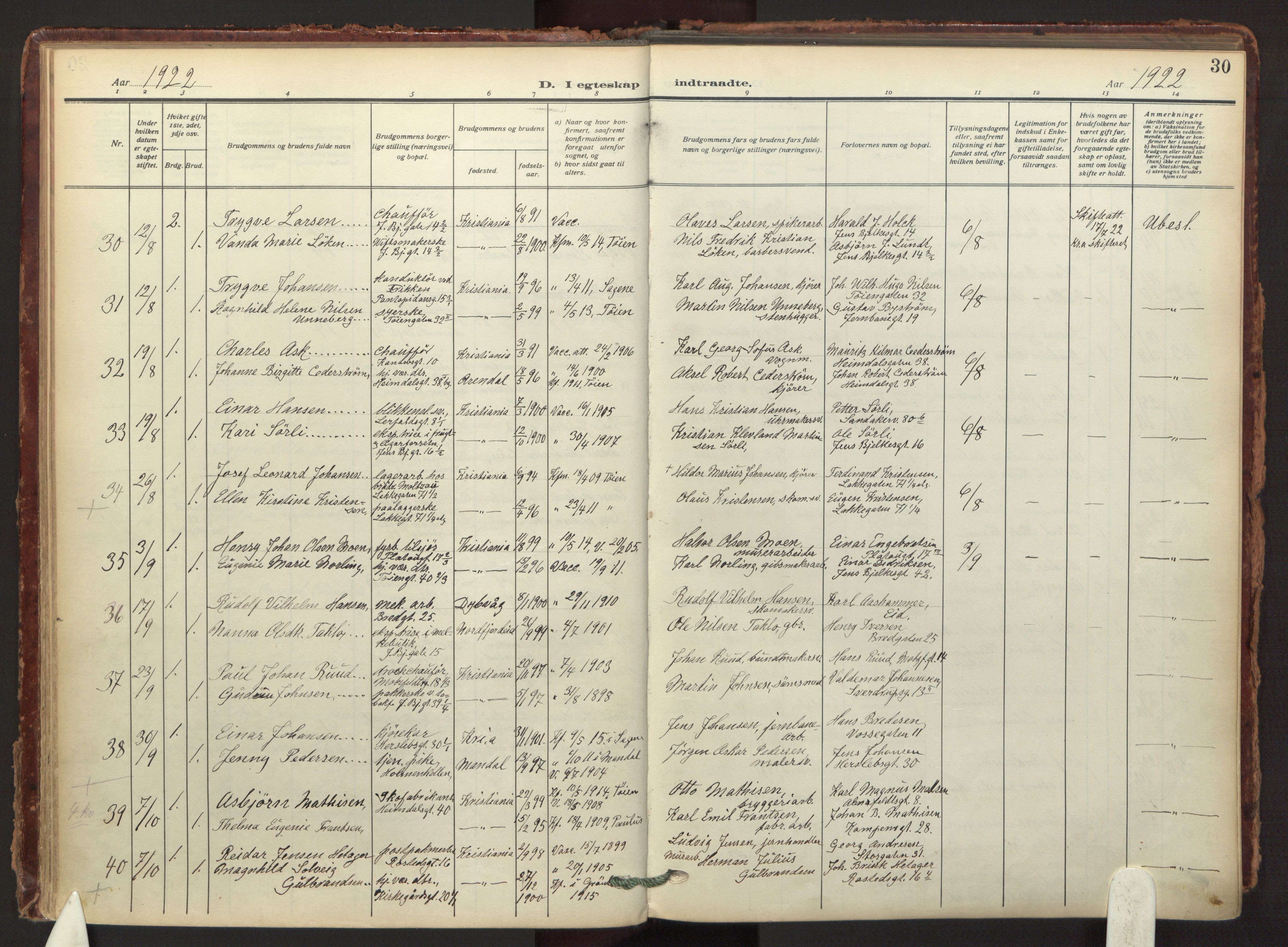 Tøyen prestekontor Kirkebøker, AV/SAO-A-10167a/F/Fa/L0003: Parish register (official) no. I 3, 1917-1933, p. 30