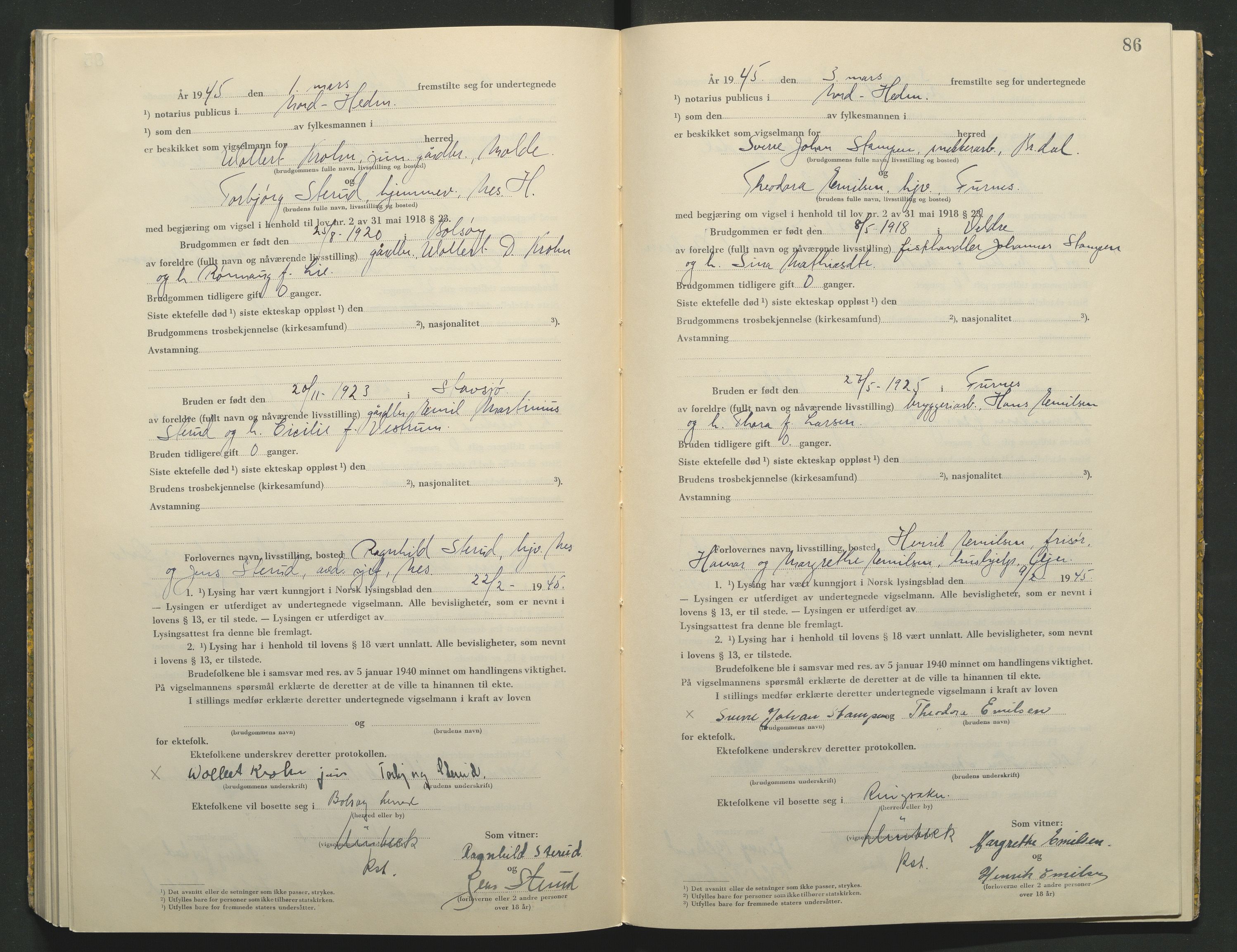 Nord-Hedmark sorenskriveri, AV/SAH-TING-012/L/Lc/L0001/0004: Vigselsprotokoller / Vigselsprotokoll, 1944-1945, p. 86