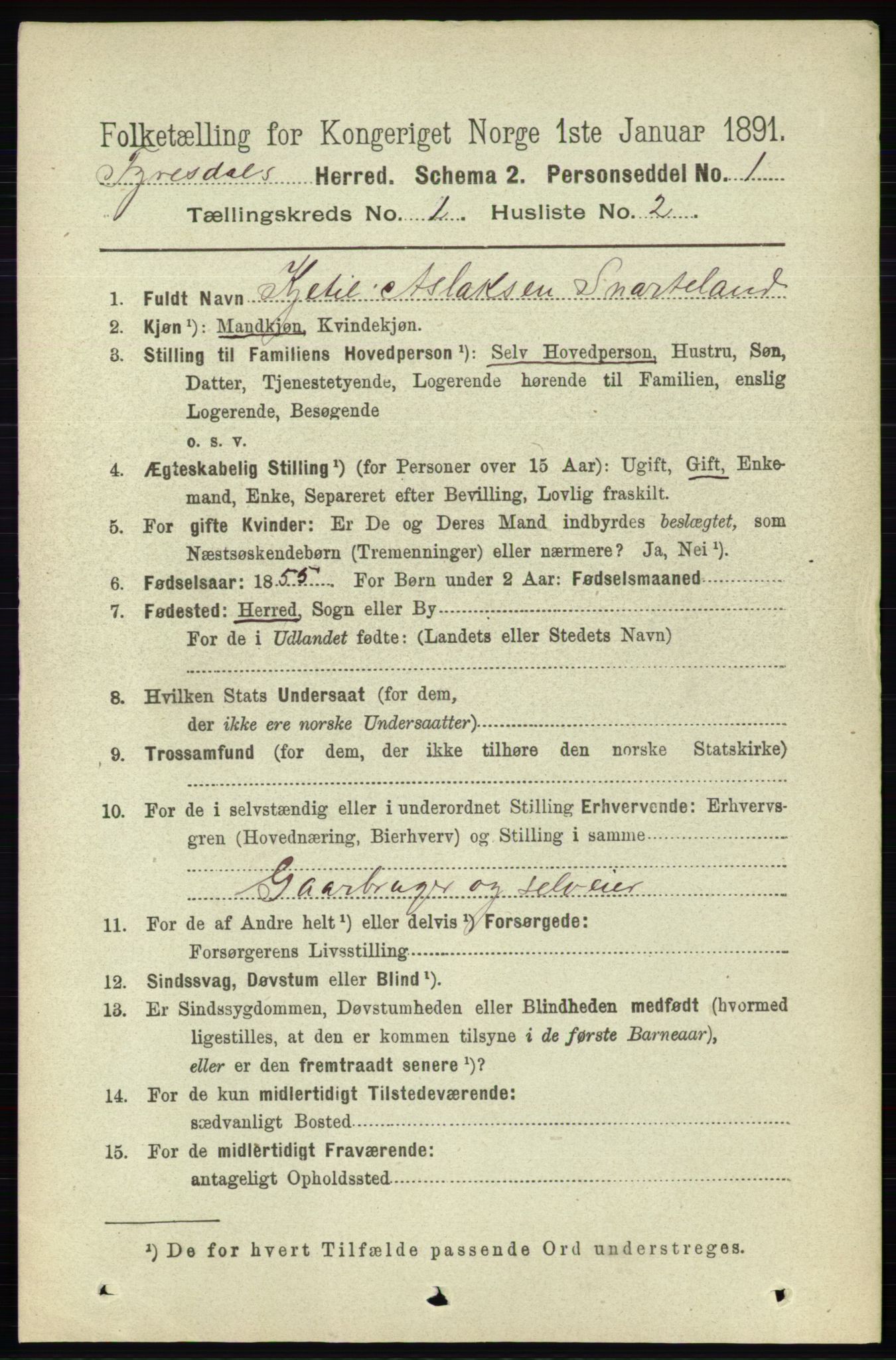 RA, 1891 census for 0831 Fyresdal, 1891, p. 66