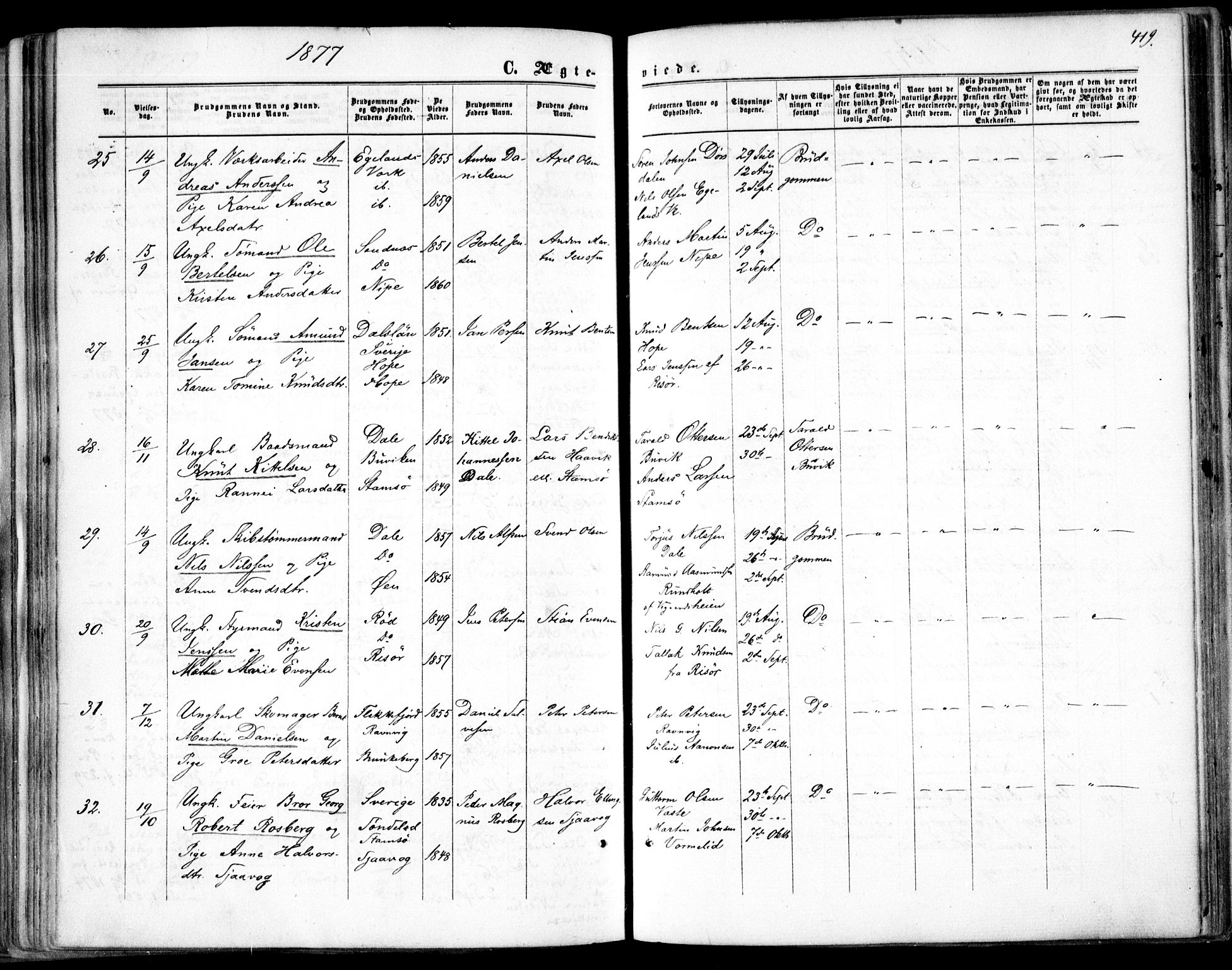 Søndeled sokneprestkontor, AV/SAK-1111-0038/F/Fa/L0003: Parish register (official) no. A 3, 1861-1879, p. 419