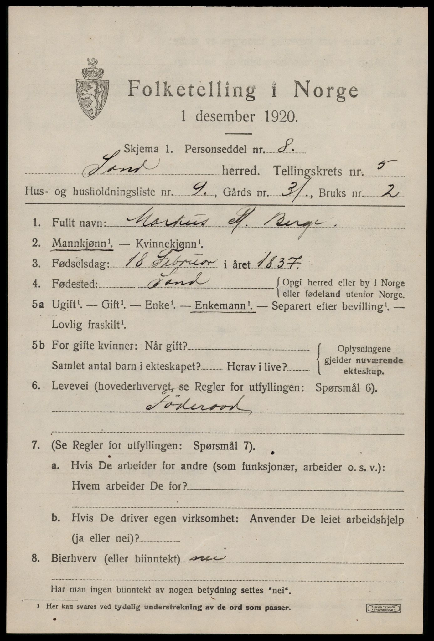 SAST, 1920 census for Sand, 1920, p. 1999