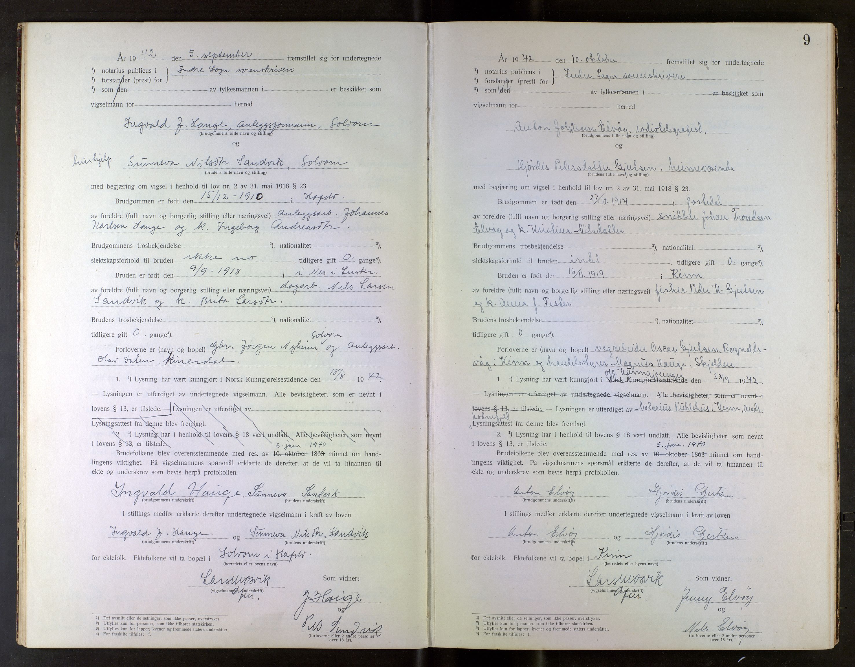 Indre Sogn tingrett, AV/SAB-A-3301/1/L/La/Laa/L0001: Vigselsbok Indre Sogn, 1938-1967, p. 9