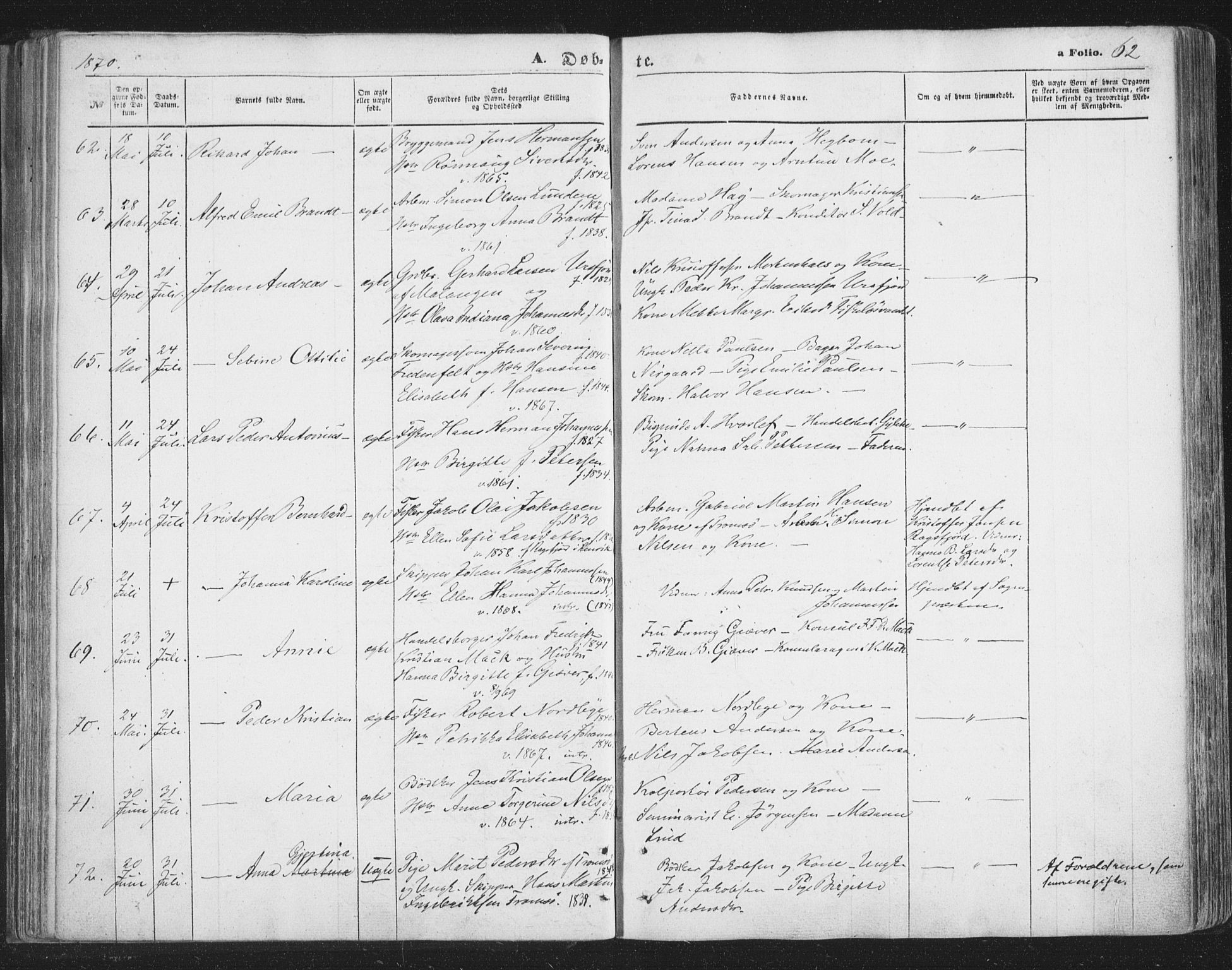 Tromsø sokneprestkontor/stiftsprosti/domprosti, SATØ/S-1343/G/Ga/L0012kirke: Parish register (official) no. 12, 1865-1871, p. 62
