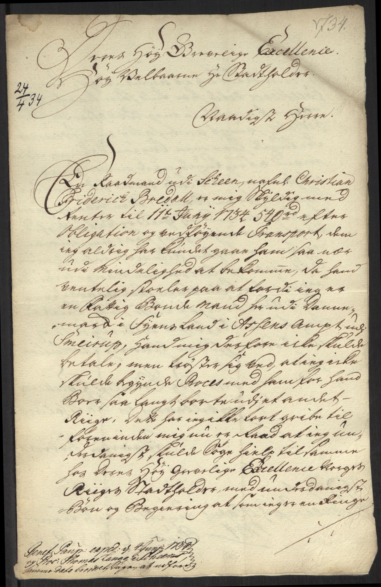 Stattholderembetet 1572-1771, AV/RA-EA-2870/Ef/L0107: Brev fra embetsmenn og andre, 1733-1734, p. 235