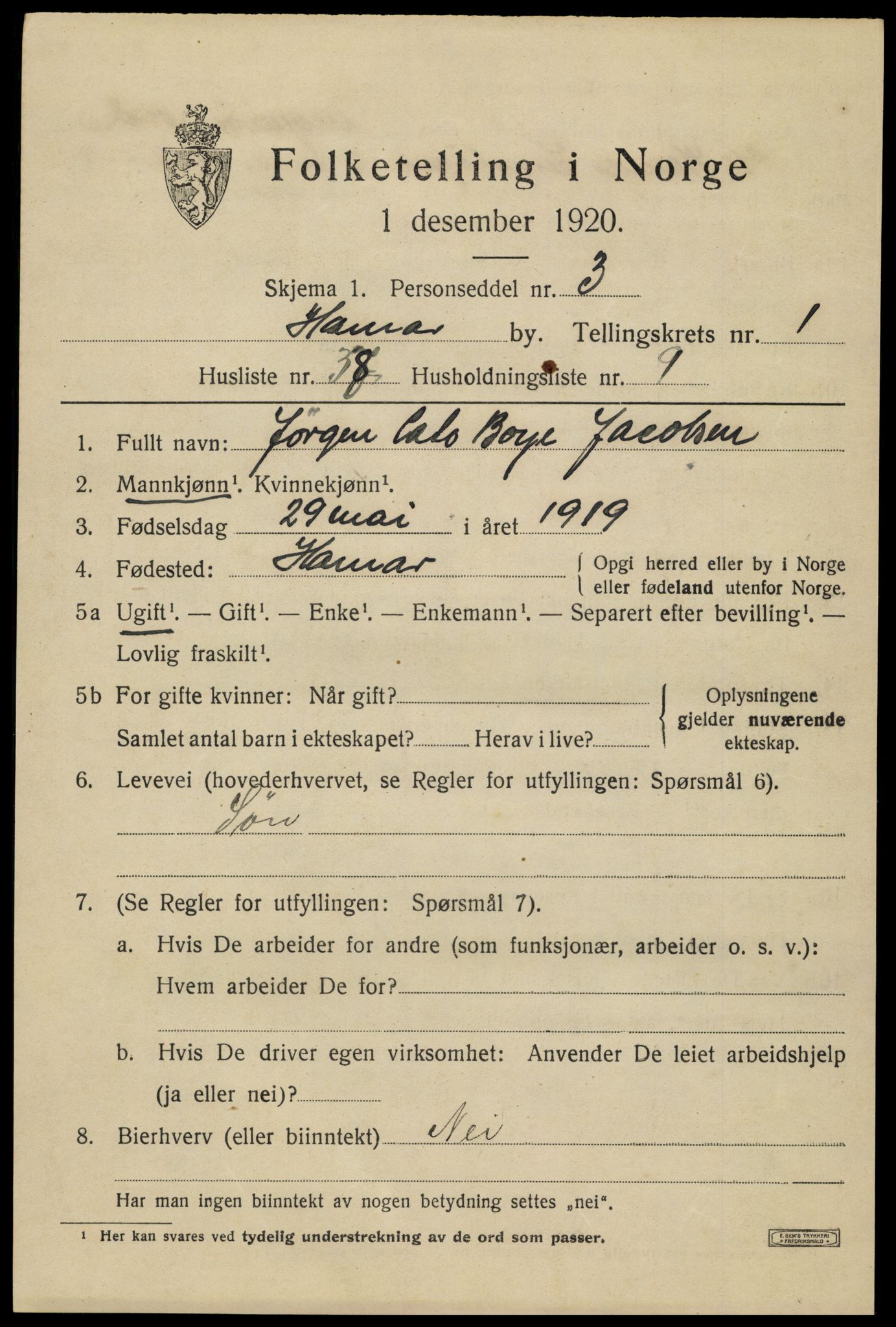 SAH, 1920 census for Hamar, 1920, p. 5125