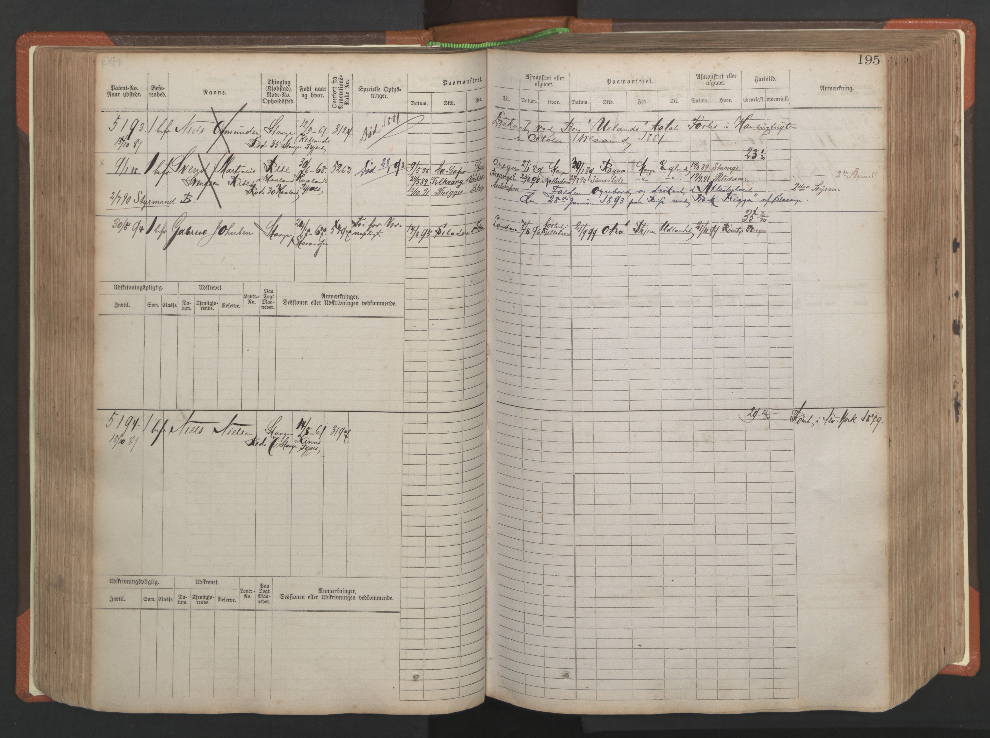 Stavanger sjømannskontor, AV/SAST-A-102006/F/Fb/Fbb/L0009: Sjøfartshovedrulle, patentnr. 4805-6006, 1879-1887, p. 201