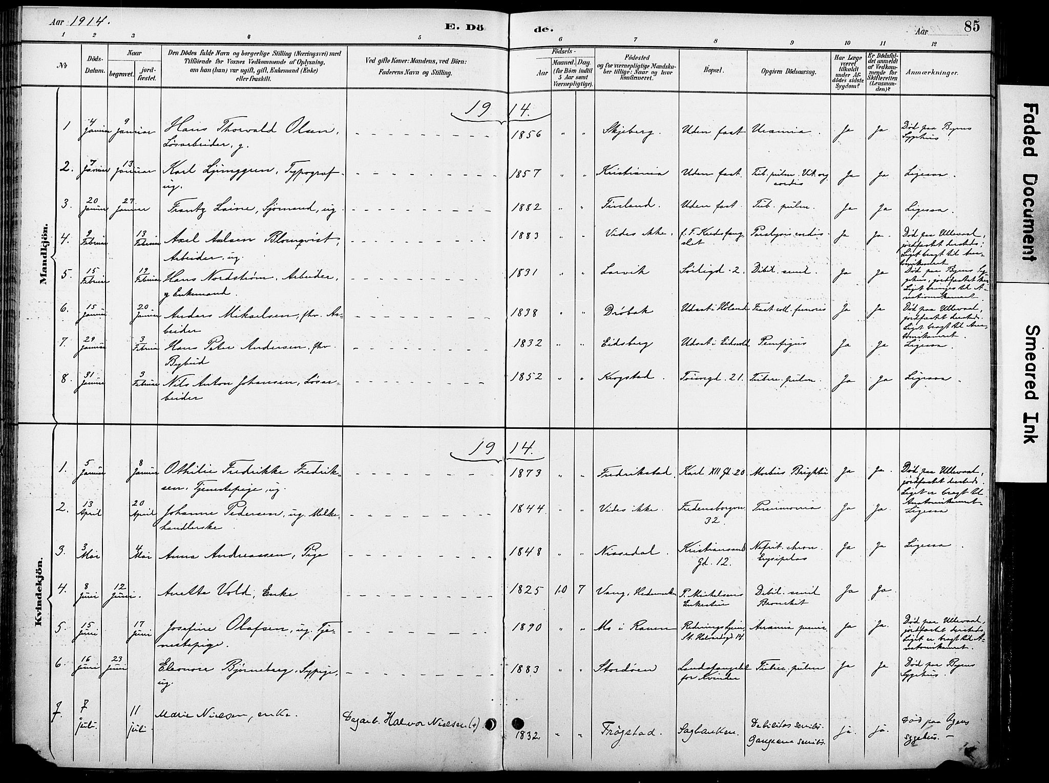 Krohgstøtten sykehusprest Kirkebøker, SAO/A-10854/F/Fa/L0003: Parish register (official) no. 3, 1890-1935, p. 85