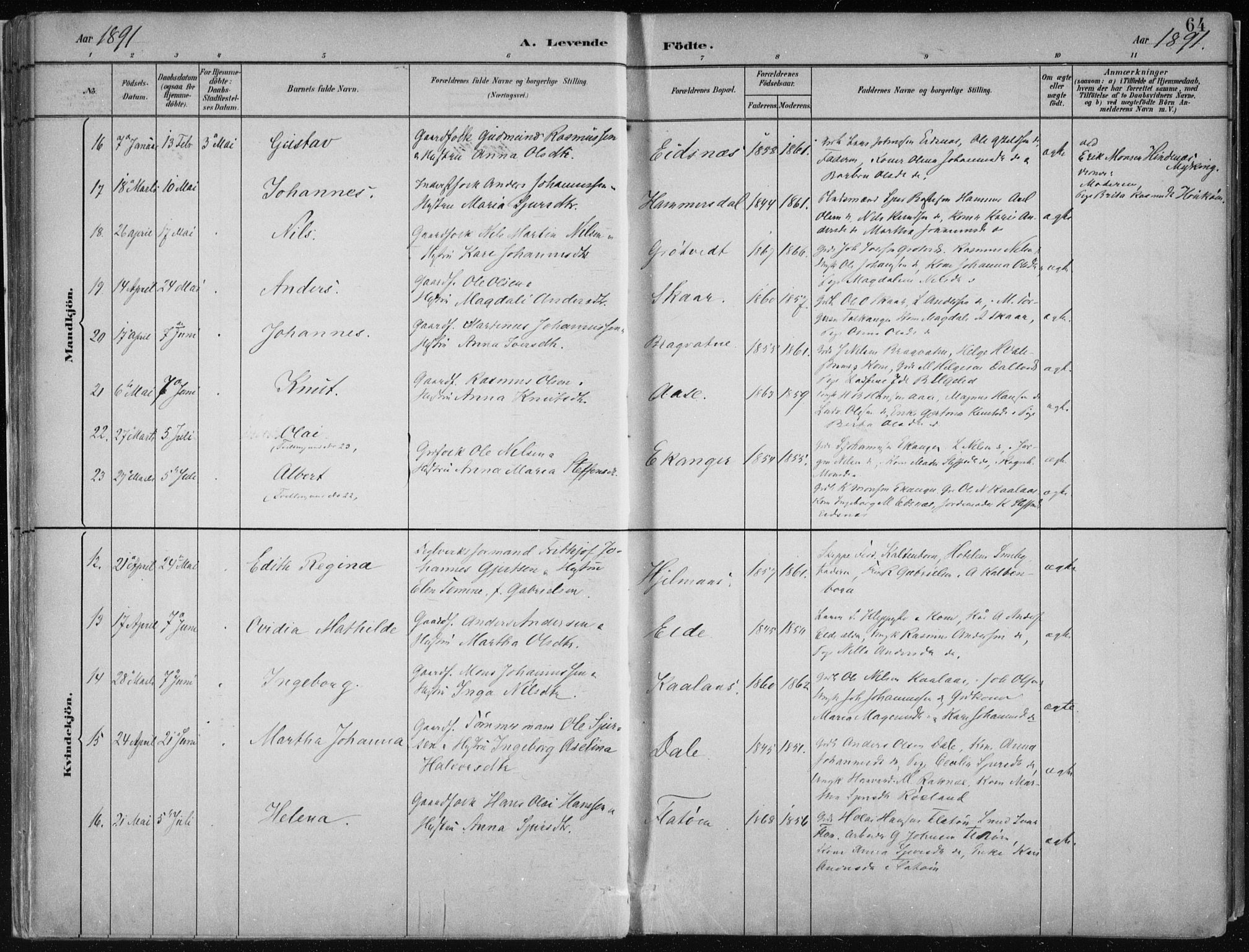 Hamre sokneprestembete, AV/SAB-A-75501/H/Ha/Haa/Haab/L0001: Parish register (official) no. B  1, 1882-1905, p. 64