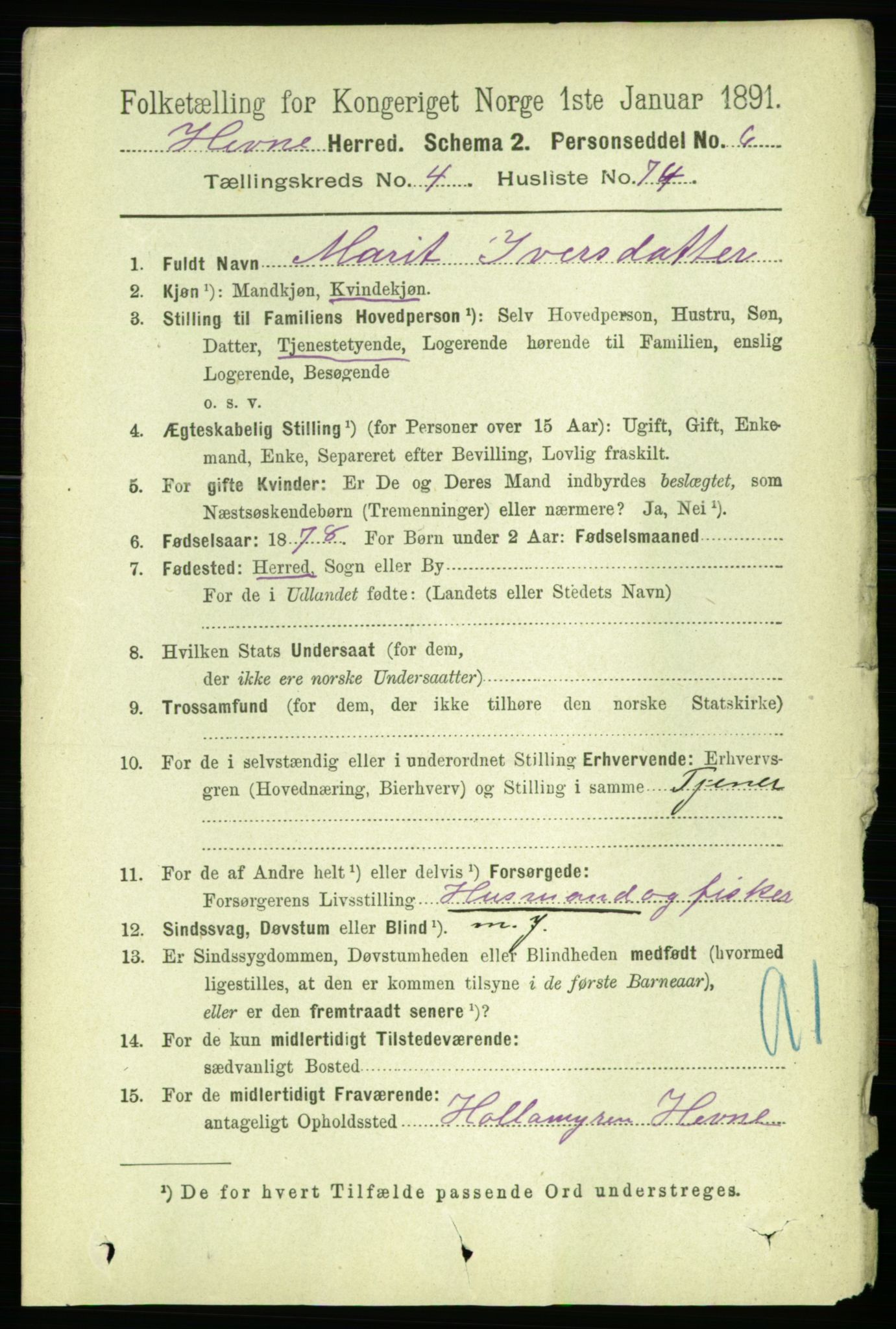 RA, 1891 census for 1612 Hemne, 1891, p. 2338