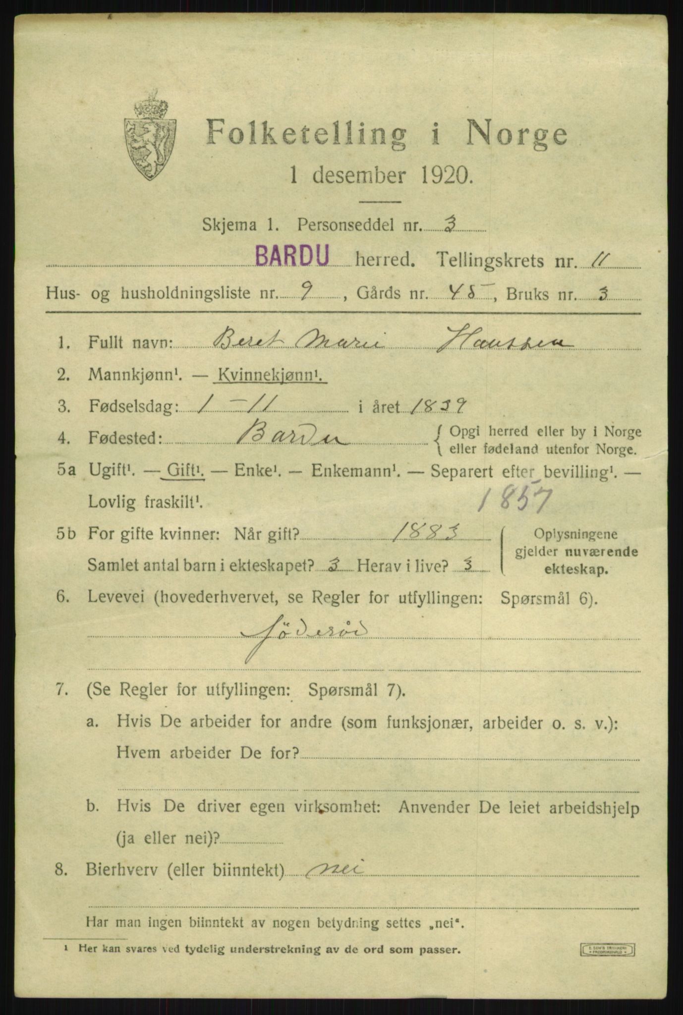 SATØ, 1920 census for Bardu, 1920, p. 3599