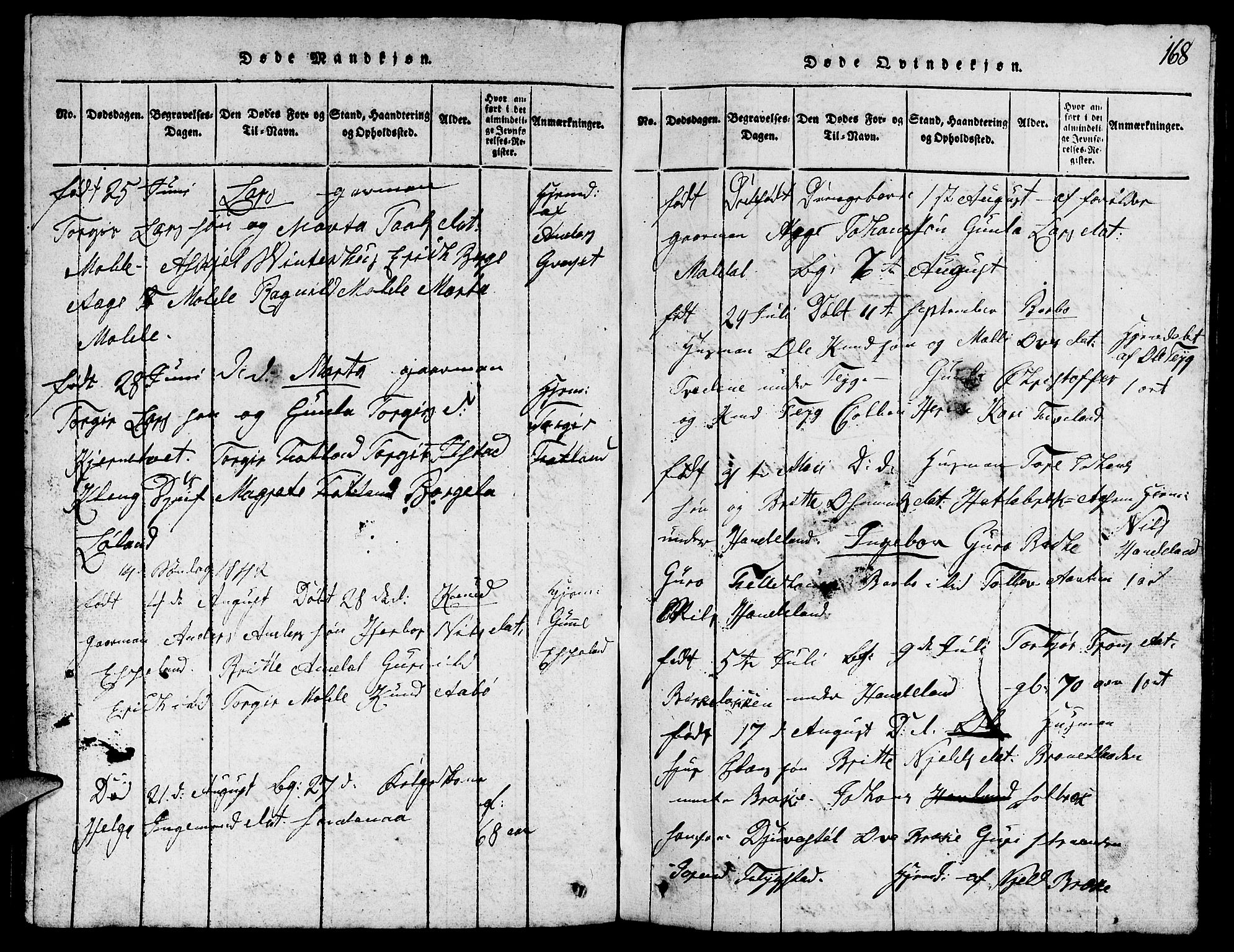 Suldal sokneprestkontor, AV/SAST-A-101845/01/V/L0002: Parish register (copy) no. B 2, 1816-1845, p. 168