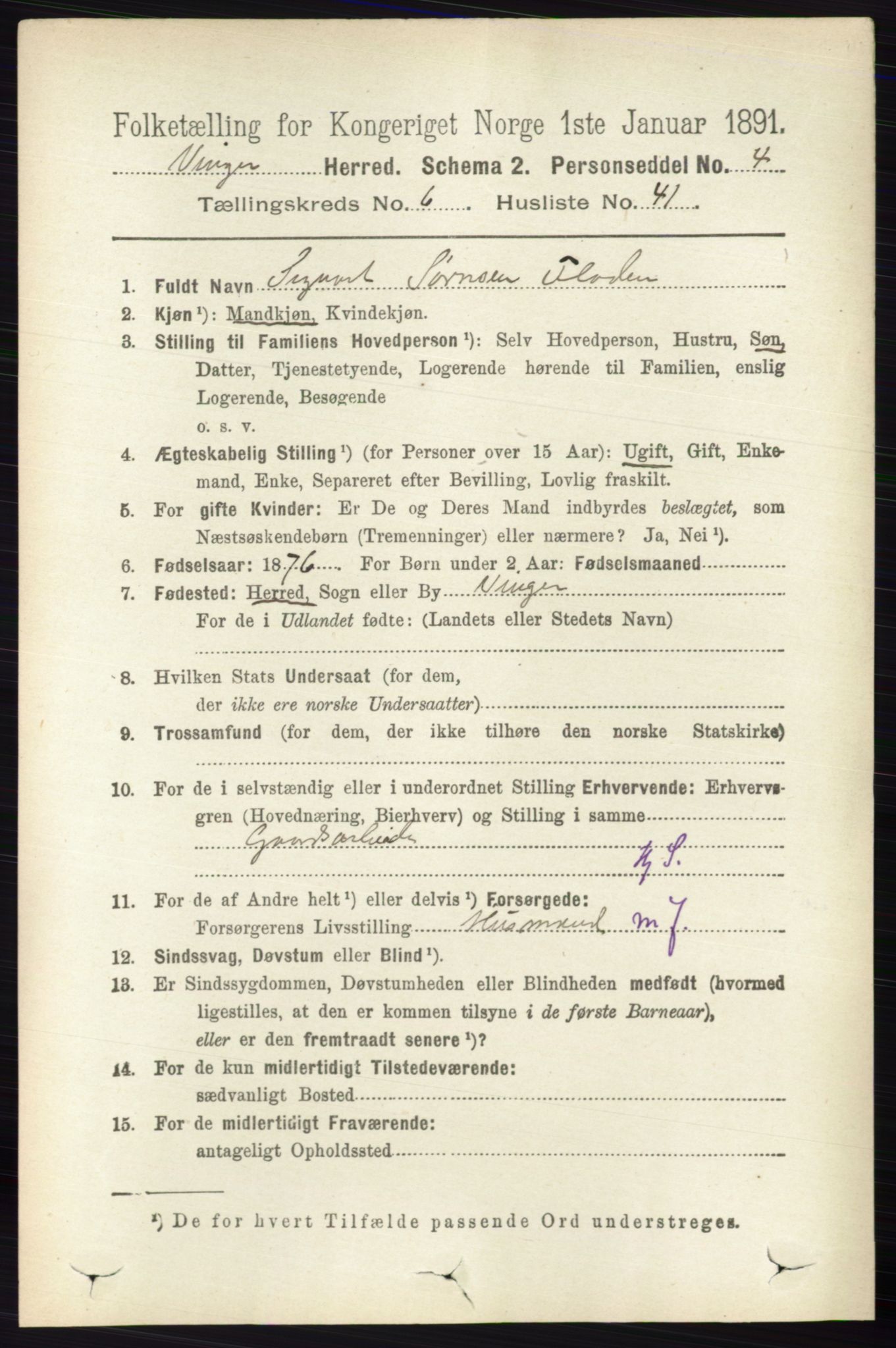 RA, 1891 census for 0421 Vinger, 1891, p. 2841