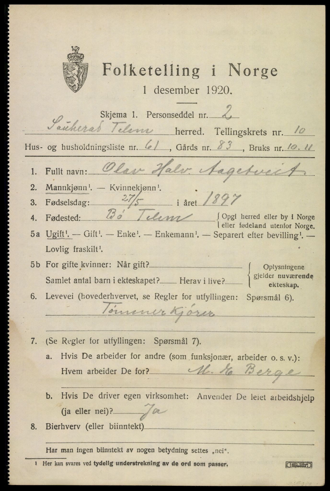 SAKO, 1920 census for Sauherad, 1920, p. 8029