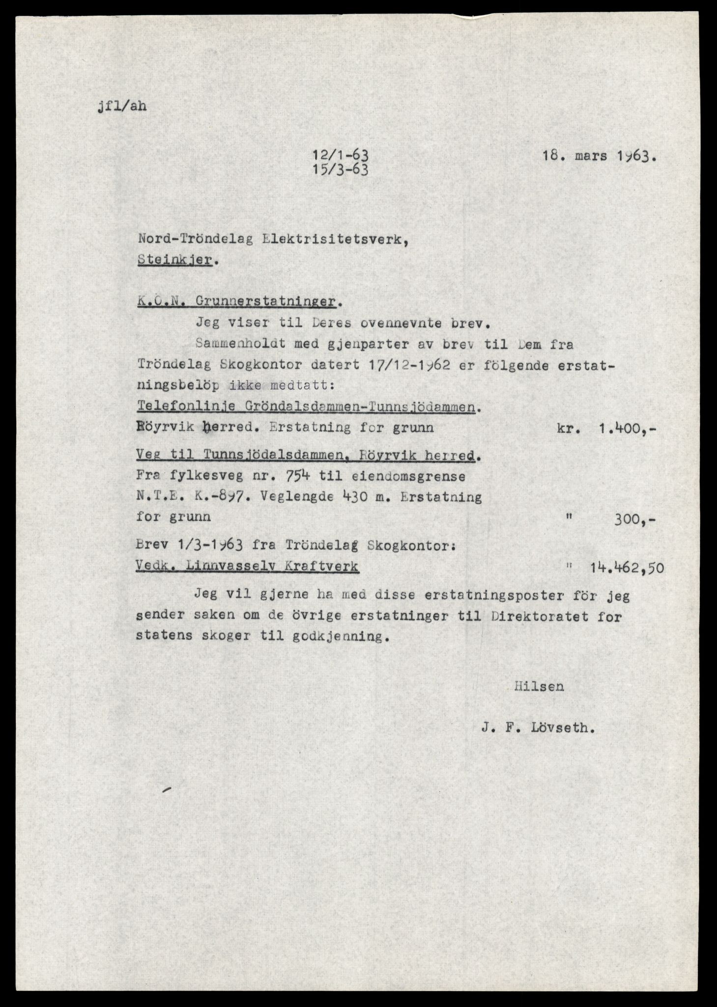 Statskog Trøndelag / Møre, AV/SAT-A-4532/1/D/Da/L0336/0007: Sakarkiv / Vassdragsreguleringer m.m. - Kraftverkene Øvre Namsen, diverse (grunnerstatninger), 1957-1963, p. 22