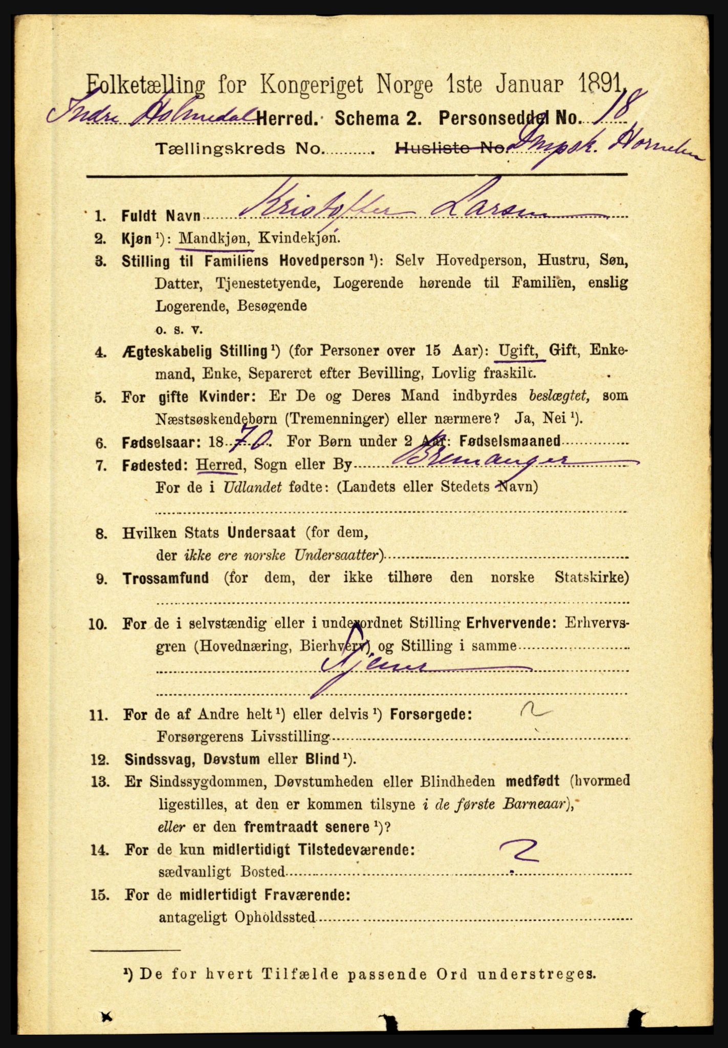 RA, 1891 census for 1430 Indre Holmedal, 1891, p. 4504