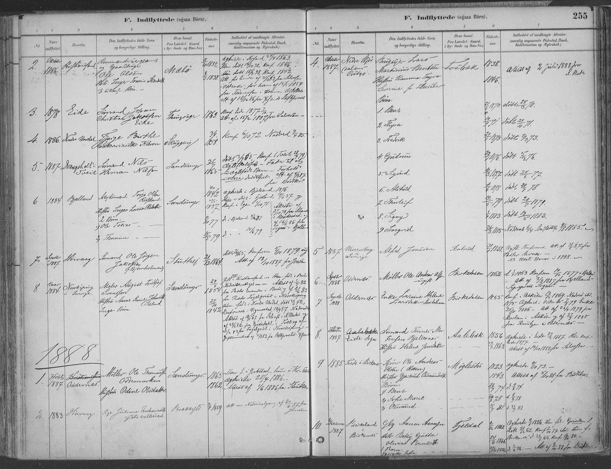 Vestre Moland sokneprestkontor, SAK/1111-0046/F/Fa/Fab/L0009: Parish register (official) no. A 9, 1884-1899, p. 255