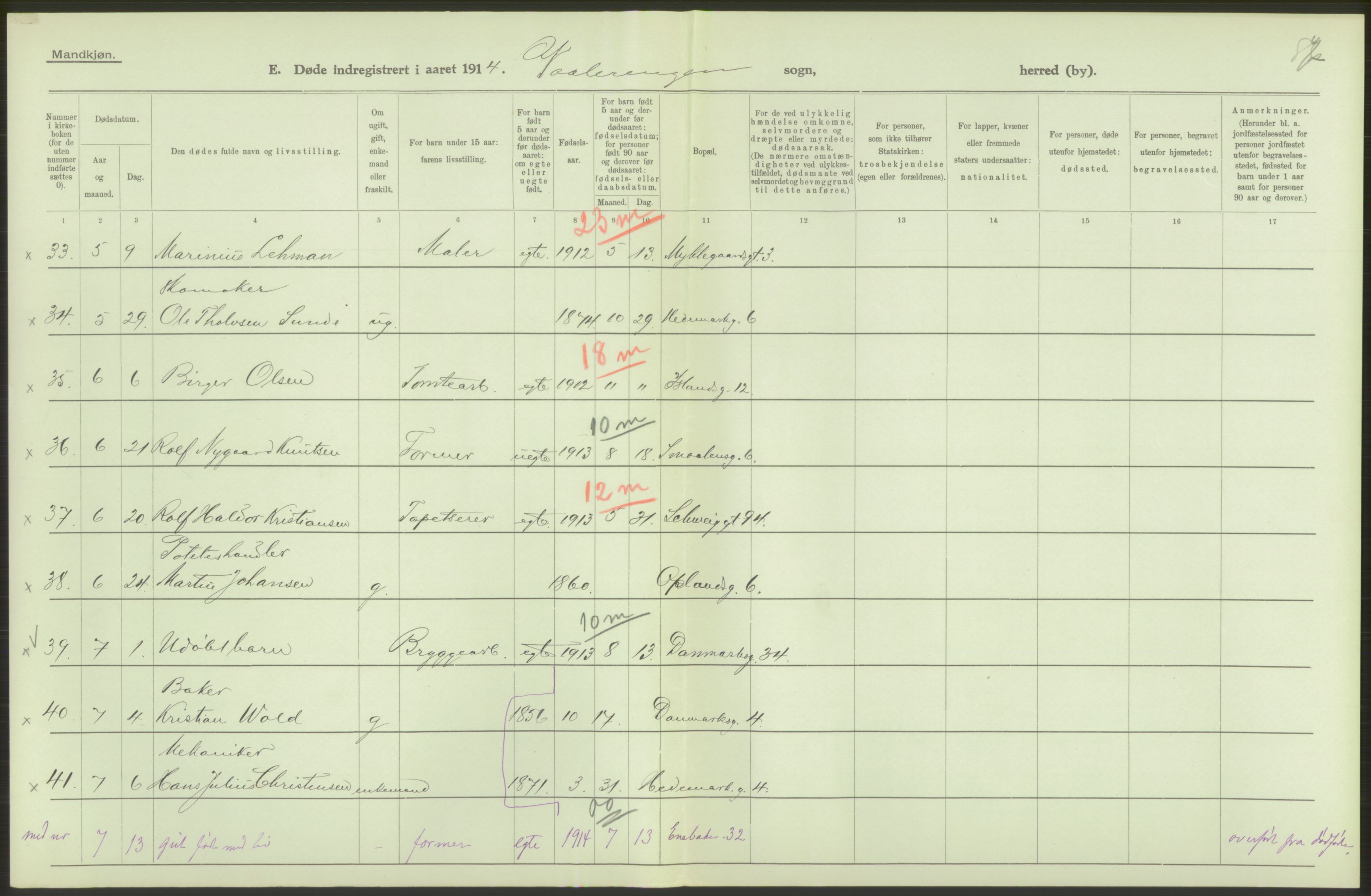 Statistisk sentralbyrå, Sosiodemografiske emner, Befolkning, AV/RA-S-2228/D/Df/Dfb/Dfbd/L0008: Kristiania: Døde, 1914, p. 176