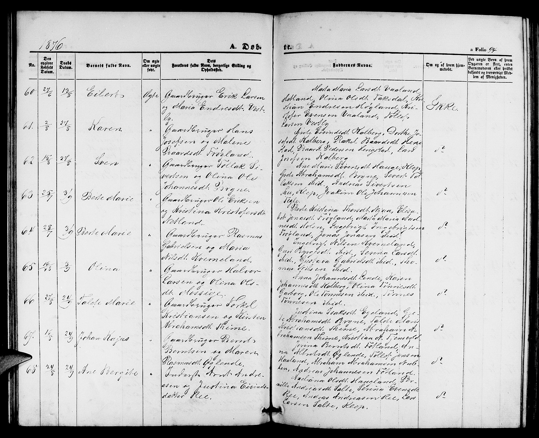 Lye sokneprestkontor, AV/SAST-A-101794/001/30BB/L0004: Parish register (copy) no. B 4, 1868-1878, p. 94