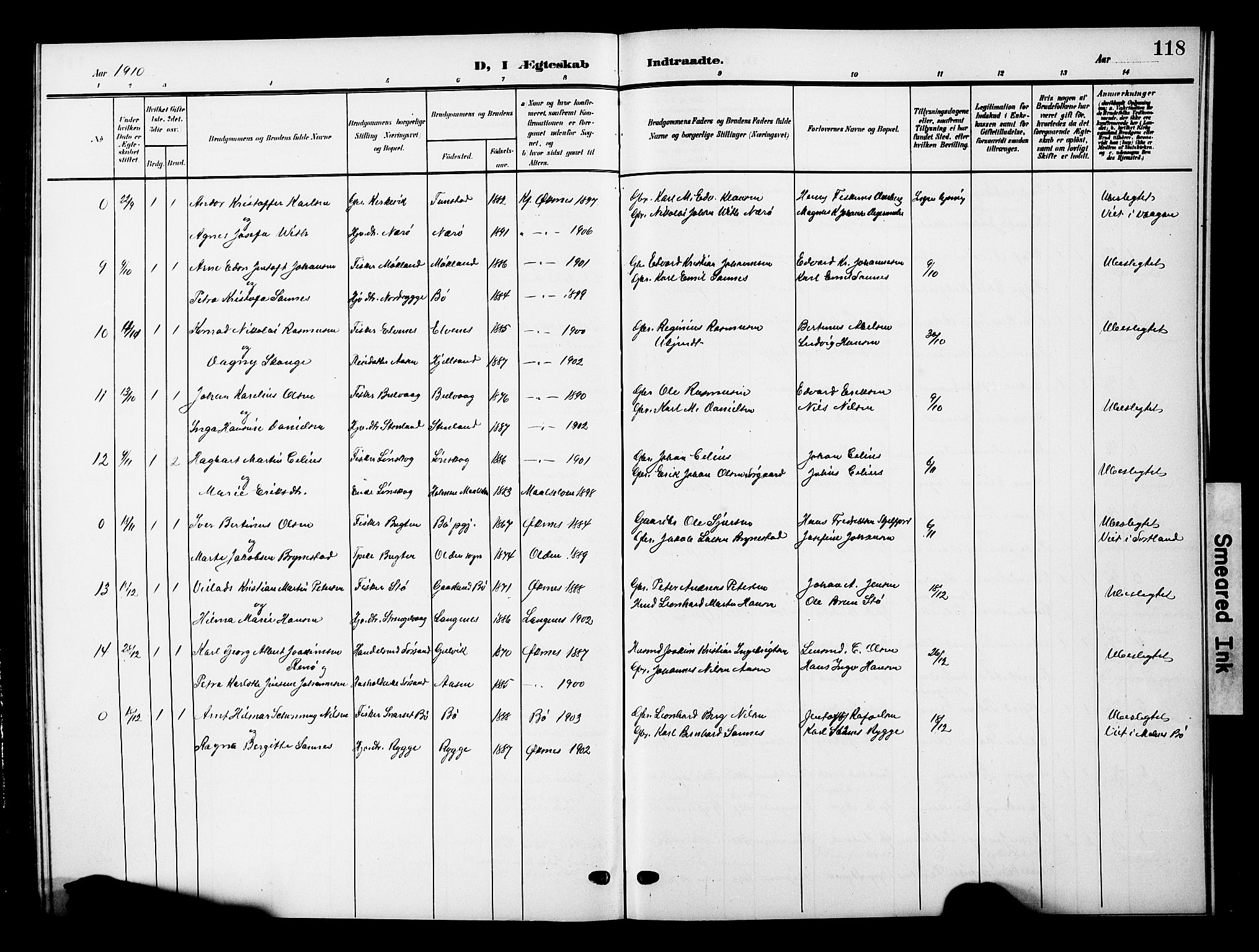 Ministerialprotokoller, klokkerbøker og fødselsregistre - Nordland, AV/SAT-A-1459/893/L1350: Parish register (copy) no. 893C05, 1906-1927, p. 118